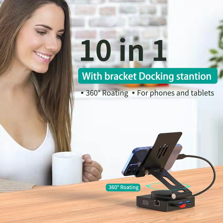 10 合 1 USB C HUB 帶 HDMI 4K + VGA + PD 100W + 3 x USB A 3.0 + RJ45 1000Mbps + 3.5mm AUX + SD + TF 存儲卡讀卡器插槽 多端口適配器擴展塢
