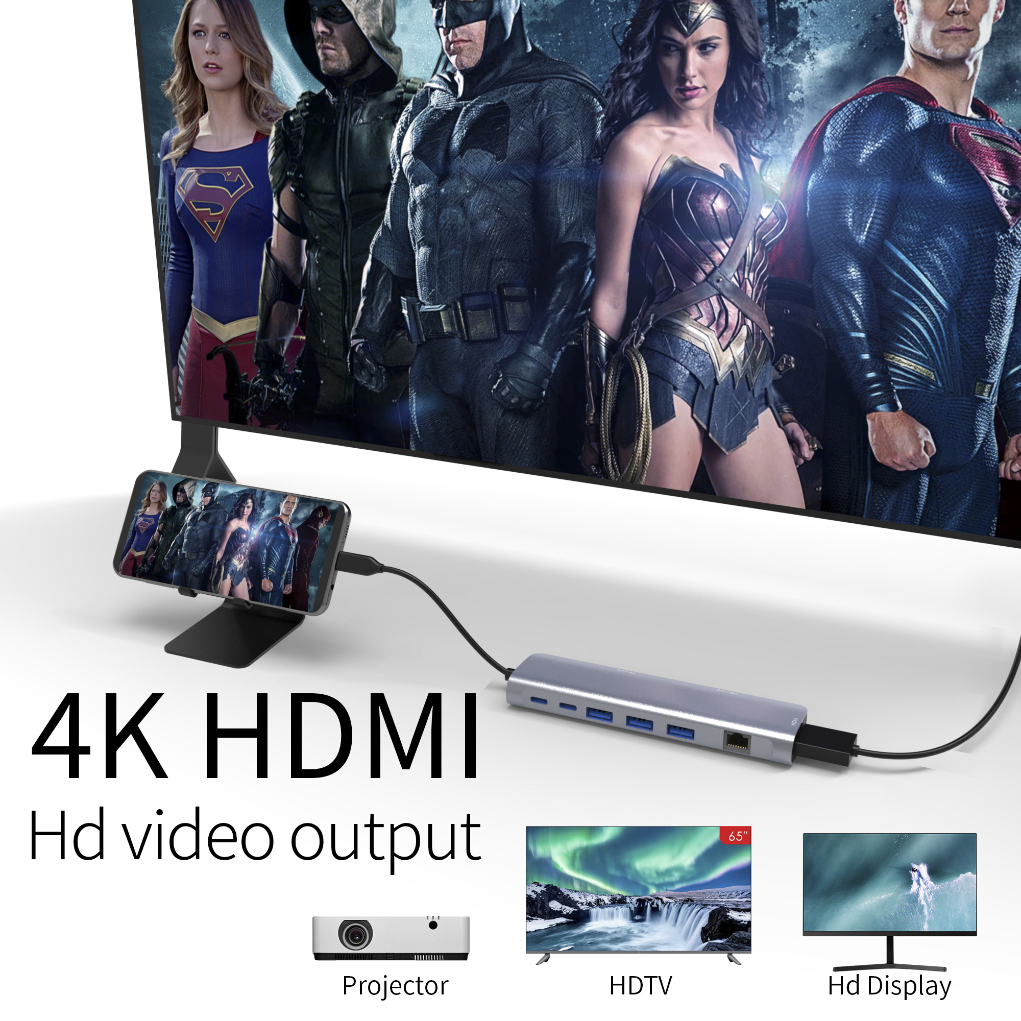 9 合 1 USB C 集線器，帶 HDMI 4K30HZ + PD 100W + Type C 數據 + 3 x USB A 3.0 + RJ45 1000Mbps + SD +TF 讀卡器插槽電源充電多端口適配器擴展塢，適用於筆記本電腦