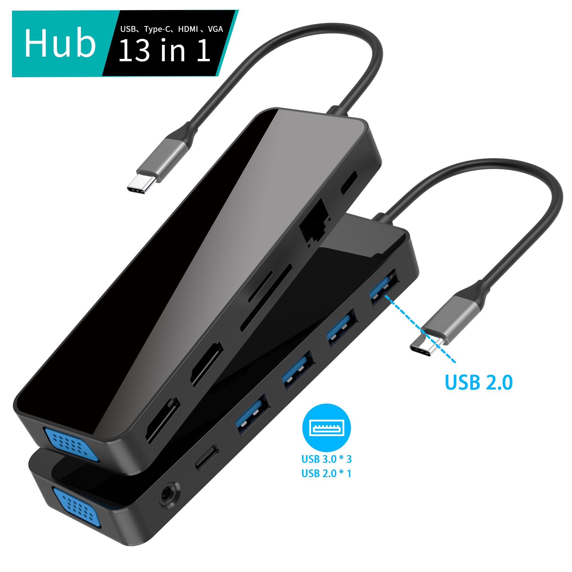 दर्पण चेहरा 13 IN 1 usb c हब्स् 2 x HDMI 4K 30HZ + VGA + PD 100W + प्रकार C Data + 3 x USB A 3.0 + RJ45 1000Mbps + 3.5mm ऑडियो + SD + TF कार्ड रीडर बहु ​​पोर्ट डॉकिंग स्टेशन सह