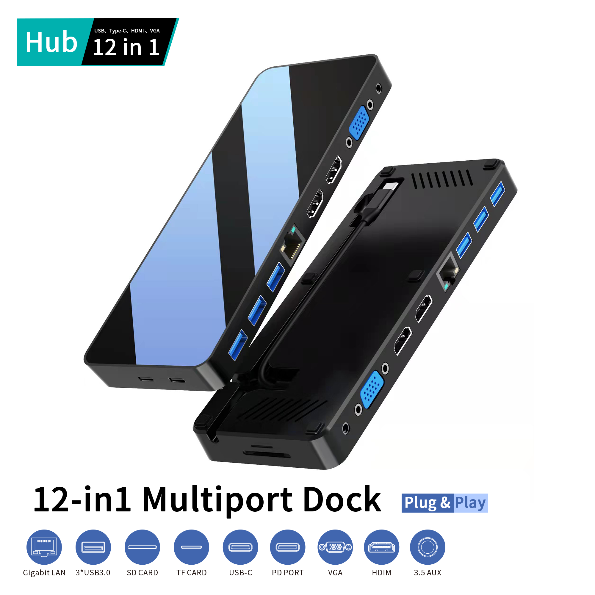鏡面 12 端口 USB C 集線器，帶 2 x HDMI 4K + VGA + PD 100W + Type C 數據 + 3xUSB A 3.0 + RJ45 1000Mbps + 3.5mm 音頻 + SD+TF 卡插槽全合 1 擴展塢