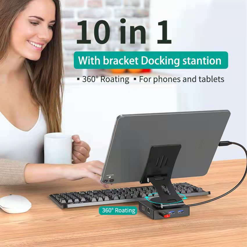 10 合 1 USB C HUB 帶 HDMI 4K + VGA + PD 100W + 3 x USB A 3.0 + RJ45 1000Mbps + 3.5mm AUX + SD + TF 存儲卡讀卡器插槽 多端口適配器擴展塢