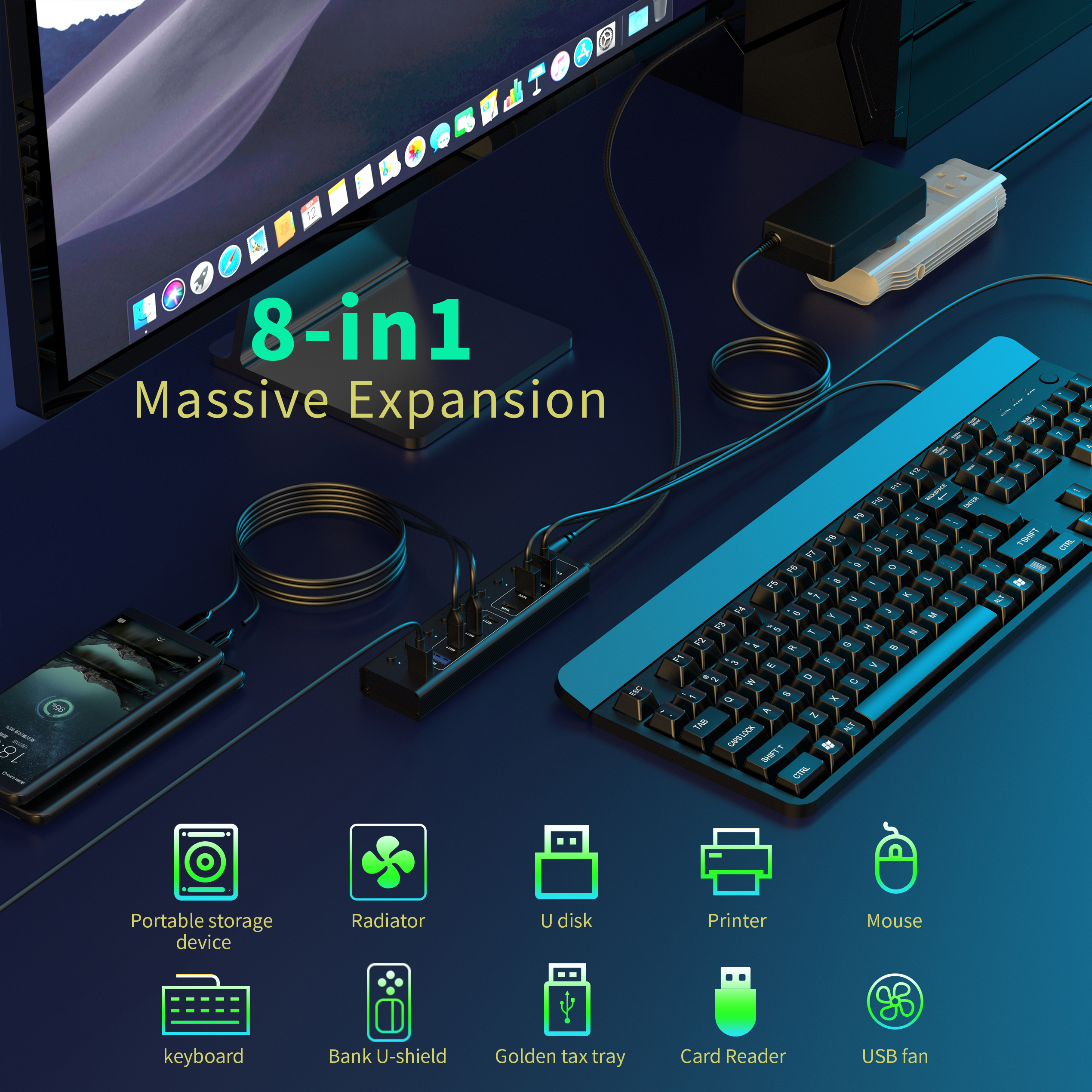 8 合 1 USB C 集線器，帶 2 x USB A 3.0 PD + 2 x Type C PD 數據 + 2 x Type C PD + 2 x USB A PD 電源充電多端口適配器塢站，適用於筆記本電腦 MacBook