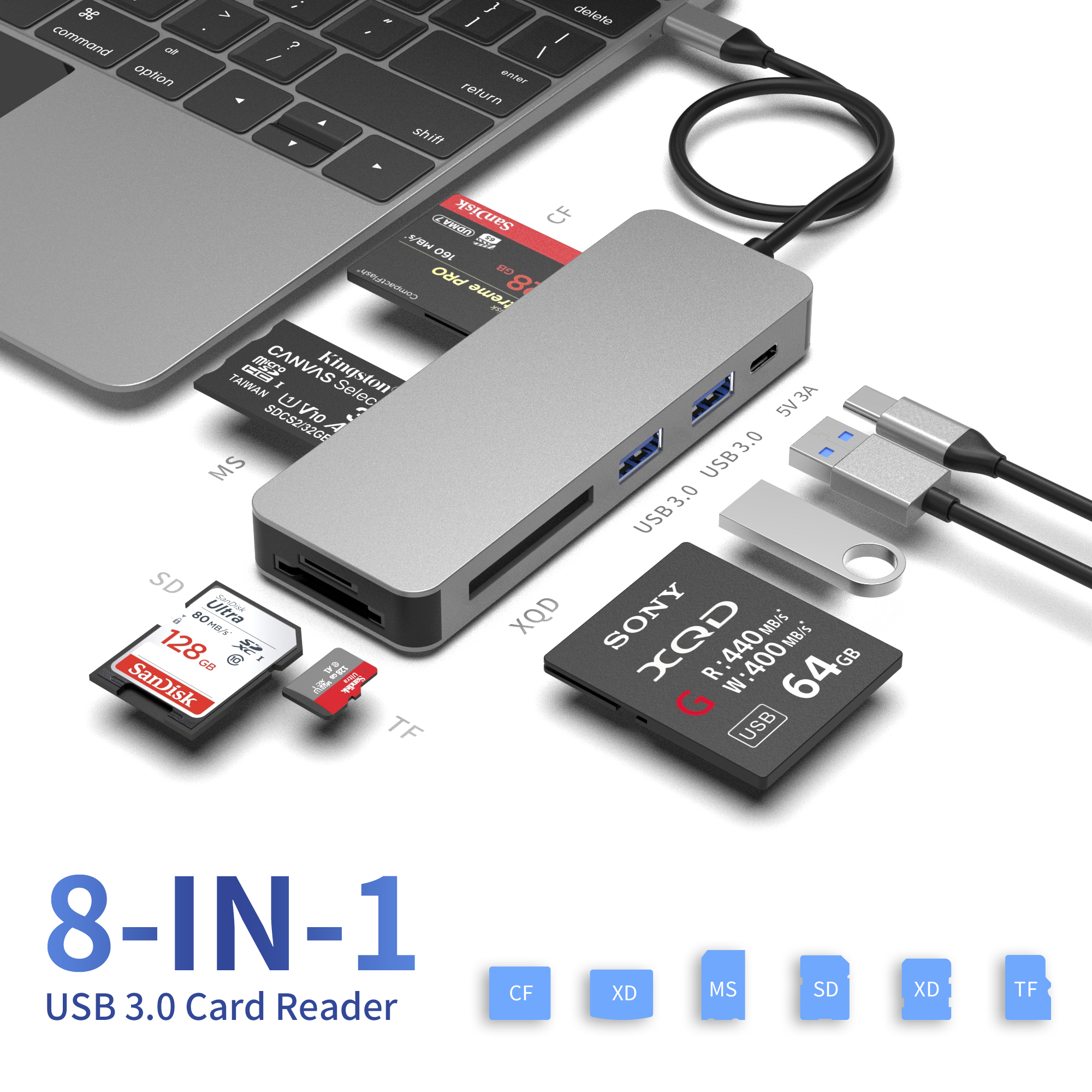 8 合 1 USB C HUB，帶 PD + 3 x USB A 3.0 + XQD/MS/CF/SD/TF 存儲卡讀卡器插槽，適用於筆記本電腦的多端口適配器擴展塢