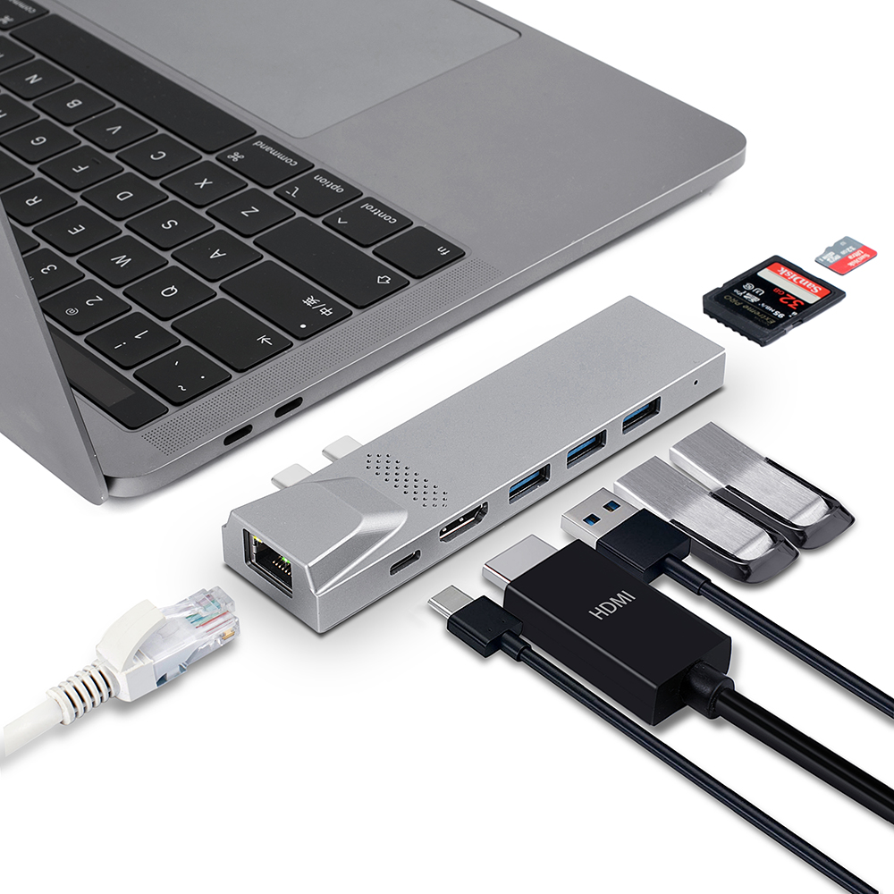 8 IN 2 USB C ہب HDMI + Thunderbolt 3 + Ethernet 1000Mbps + 3 x USB A 3.0 + SD + TF میموری کارڈ ریڈر سلاٹ ملٹی پورٹ اڈاپٹر ڈاکنگ اسٹیشن کے ساتھ