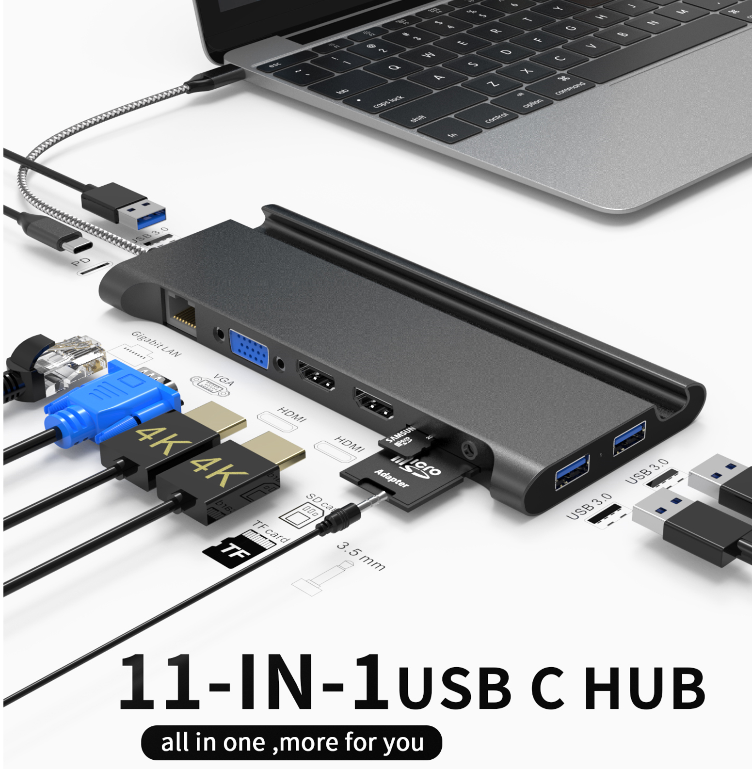 11 IN 1 usb c hub 2 x HDMI 4K 30HZ+ VGA + Type C PD 100W Data + RJ45 + 3 x USB A 3.0 + 3.5mm Audio/Mic + SD + TF k&aacute;rtyaolvas&oacute; t&ouml;bbportos dokkol&oacute; &aacute;llom&aacute;ssal laptophoz/telefonhoz