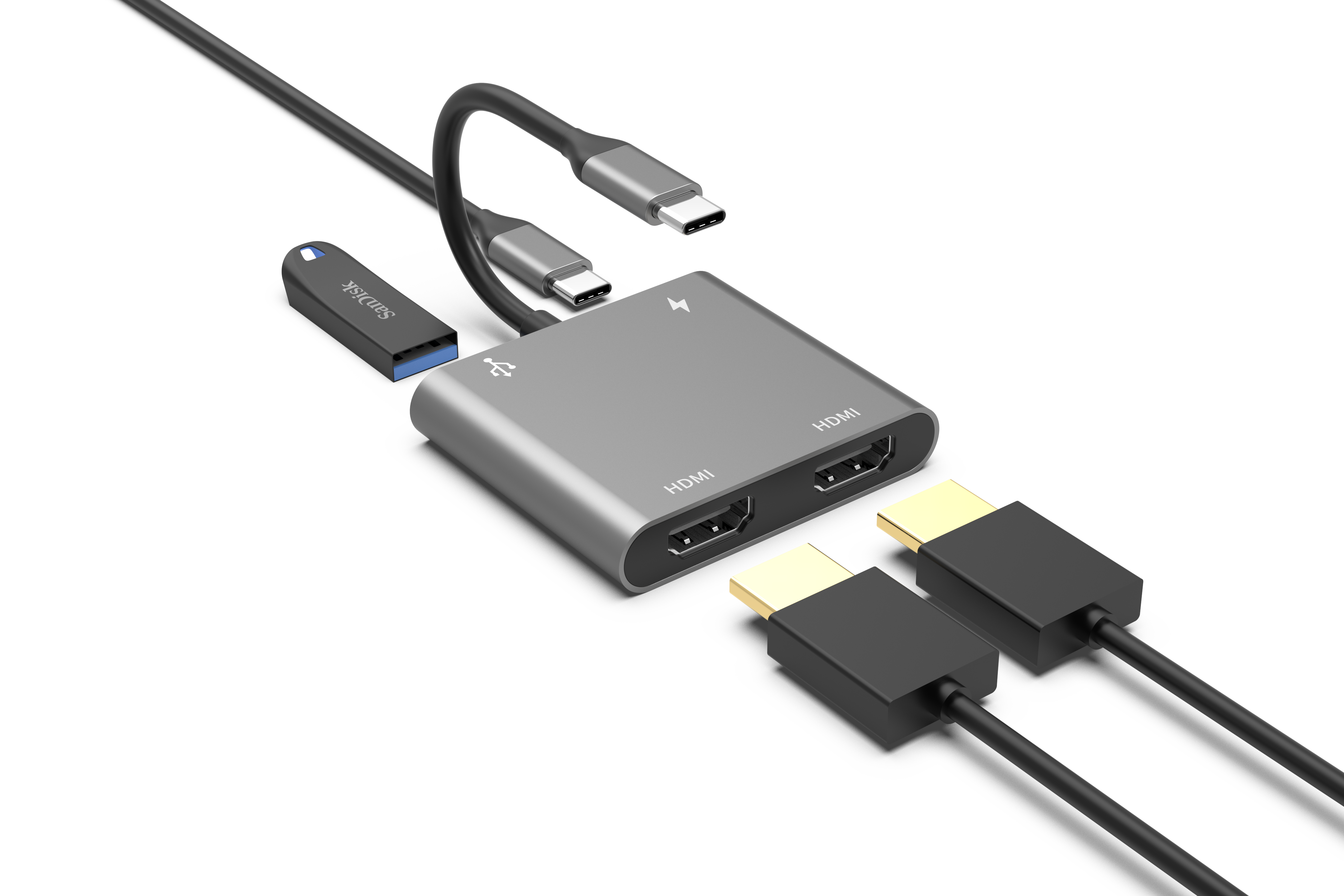 4 合 1 USB C 集線器 Type C 轉雙 HDMI 4K + PD 60W + Type c 數據擴展塢，適用於筆記本電腦/Macbook