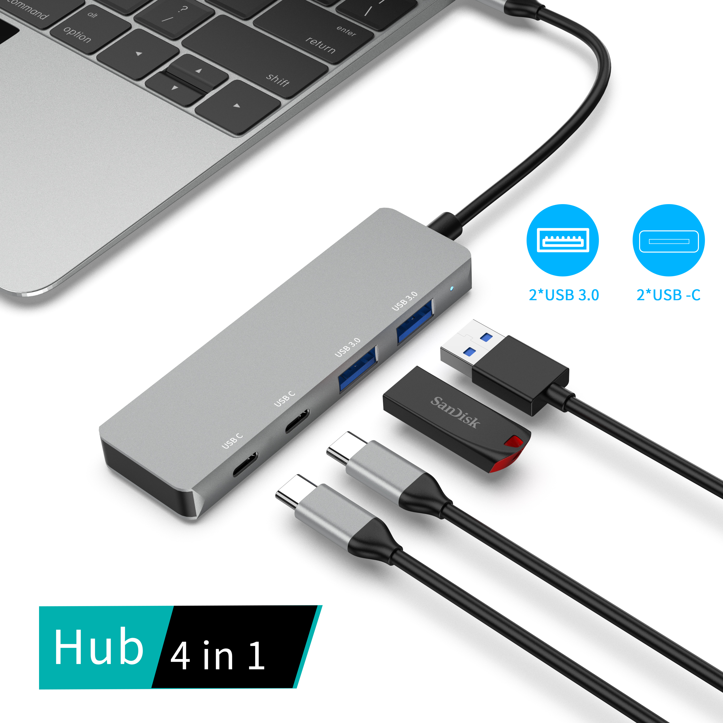 4 合 1 USB C HUB c 型插頭優 2xUSB A 3.0+2xTypce C 3.0 4 端口數據傳輸擴展塢，適用於筆記本電腦
