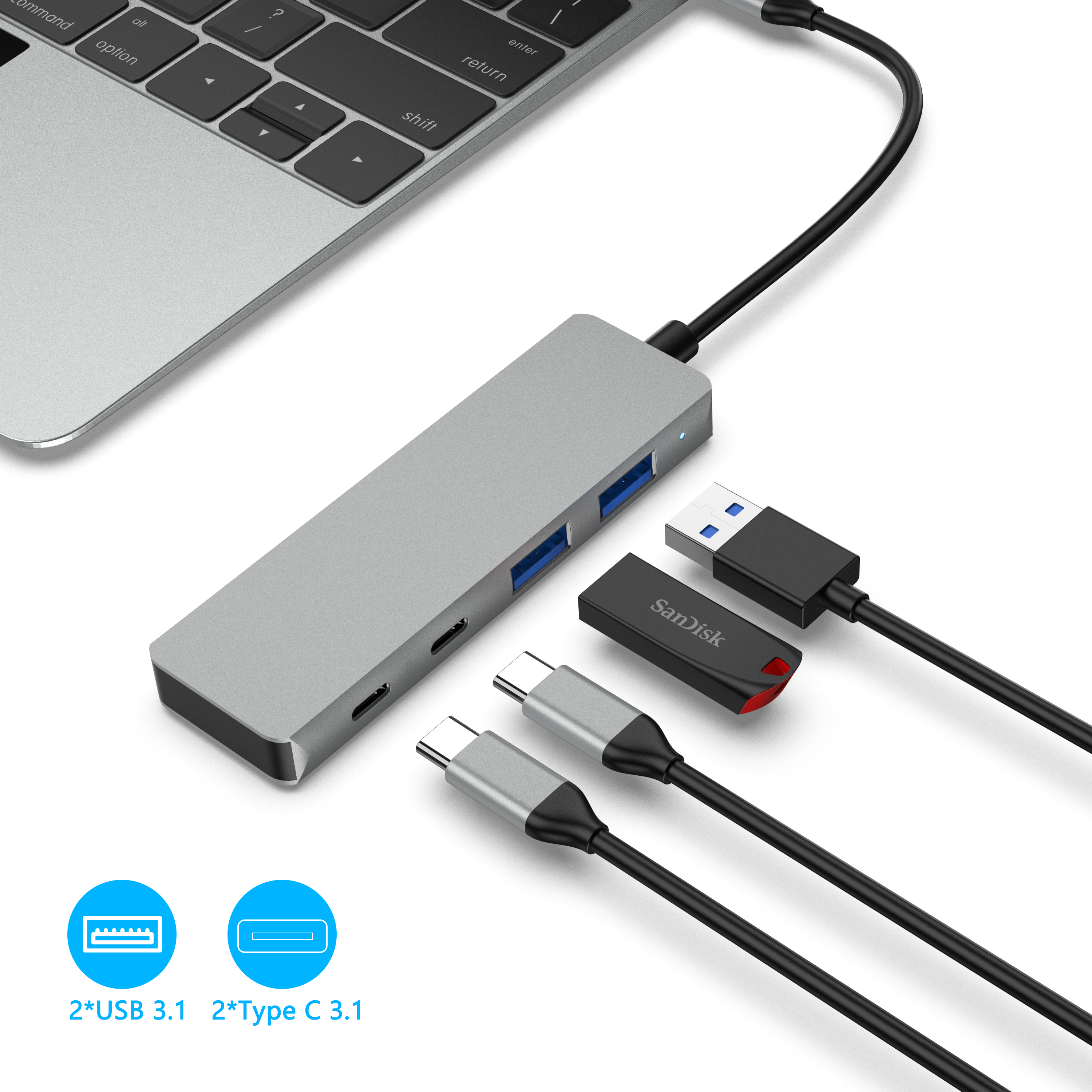 4 IN 1 USB C HUB வகை c பிளக் டு 2xUSB A 3.1+2xTypce C 3.1 10Gbps 4 போர்ட் டேட்டா டிரான்ஸ்ஃபர் டாக்கிங் ஸ்டேஷன் லேப்டாப்