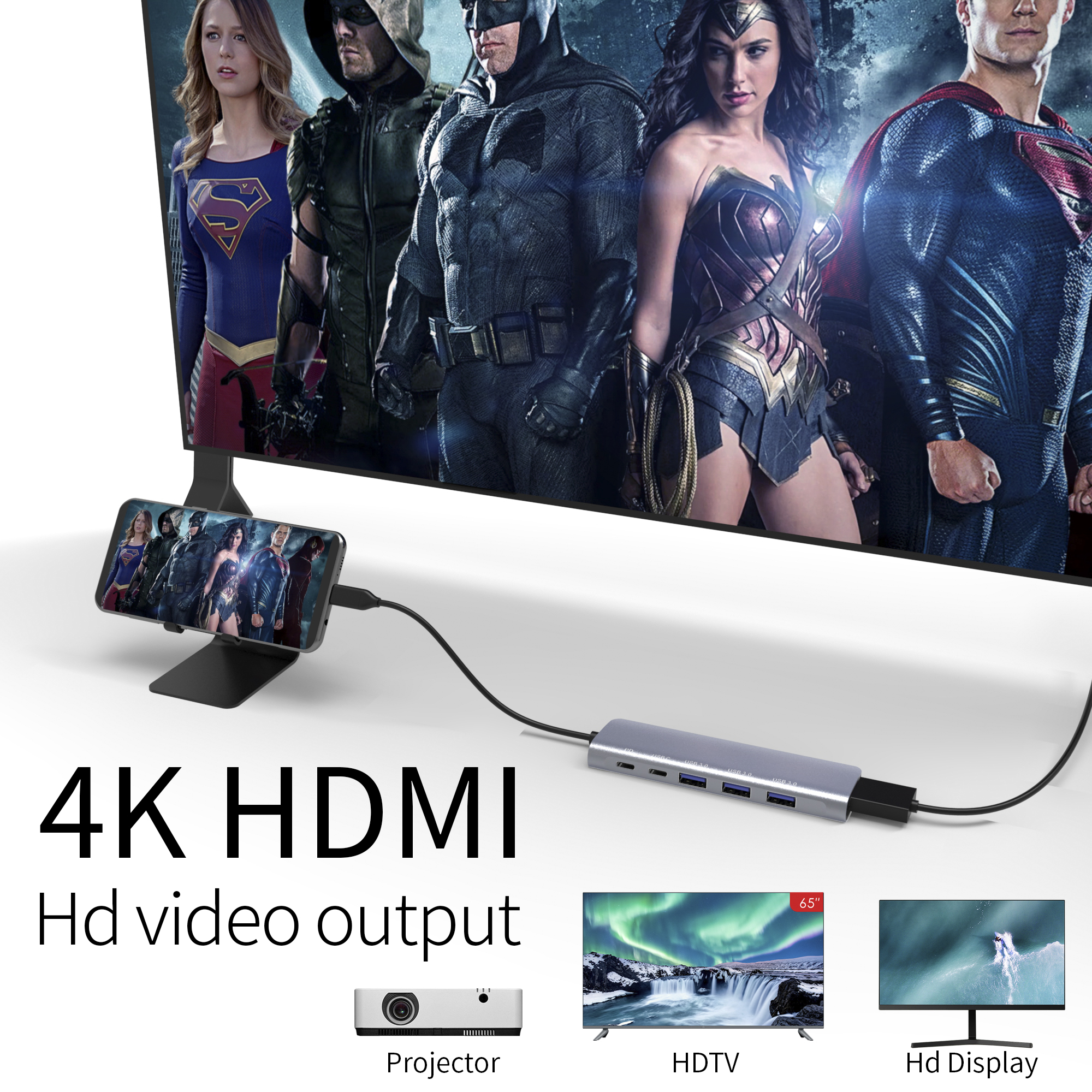 Концентратор USB C 6 в 1 с HDMI 4K30HZ + PD 100 Вт + данные типа C + 3 x USB A 3.0, многопортовый адаптер питания, док-станция для ноутбука MacBook