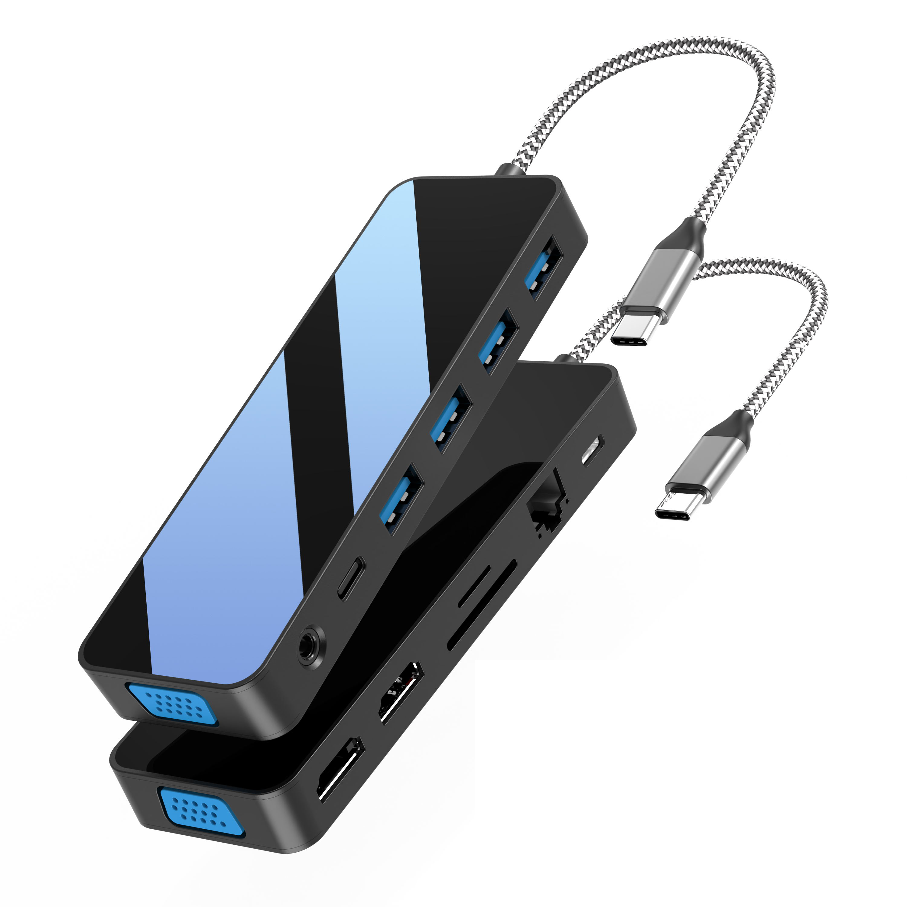 दर्पण चेहरा 13 IN 1 usb c हब्स् 2 x HDMI 4K 30HZ + VGA + PD 100W + प्रकार C Data + 3 x USB A 3.0 + RJ45 1000Mbps + 3.5mm ऑडियो + SD + TF कार्ड रीडर बहु ​​पोर्ट डॉकिंग स्टेशन सह