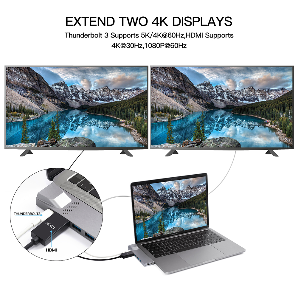 HUB USB C 8 DALAM 2 dengan HDMI + Thunderbolt 3 + Ethernet 1000Mbps + 3 x USB A 3.0 + SD + Slot pembaca kad memori TF stesen dok penyesuai berbilang port