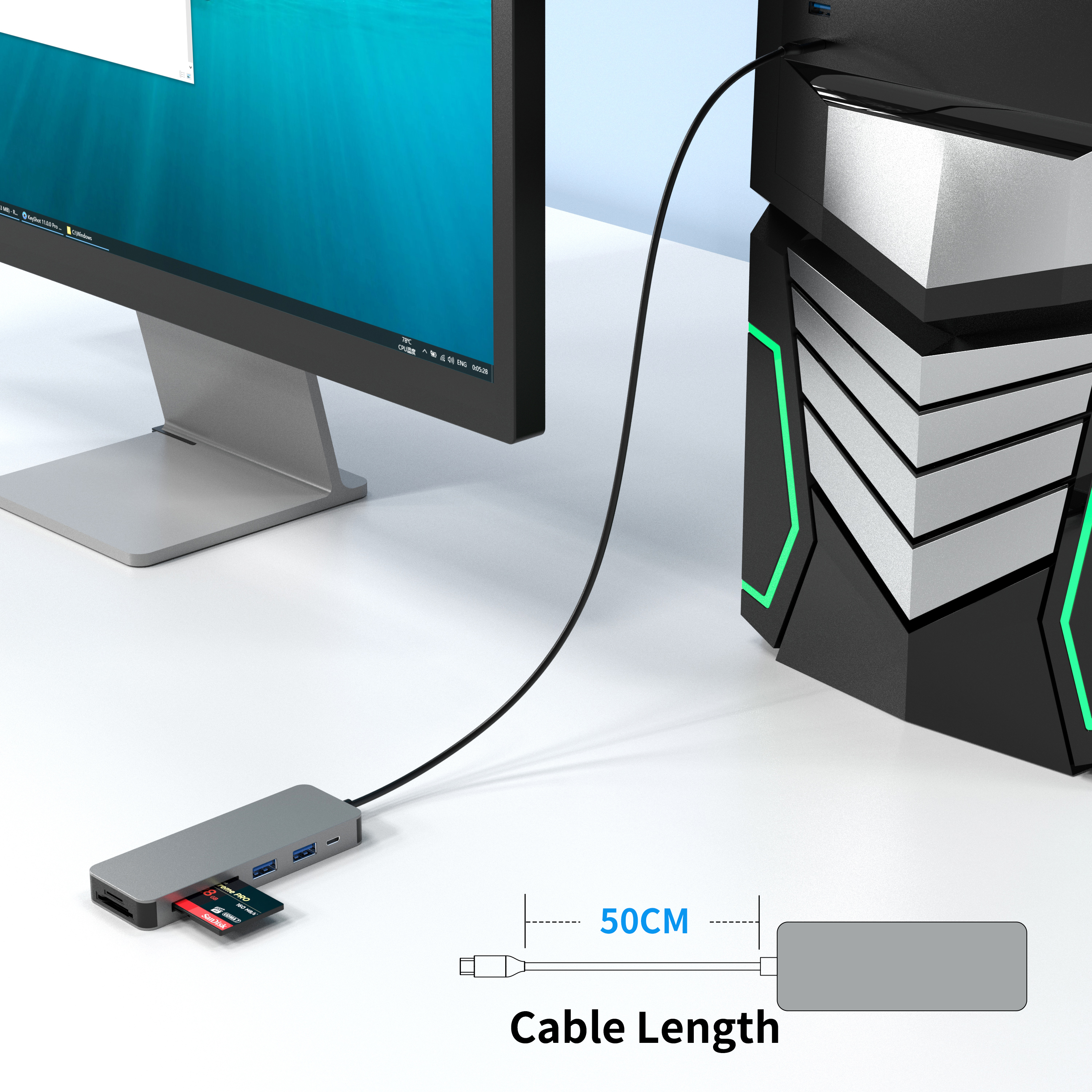 8 合 1 USB C HUB，帶 PD + 3 x USB A 3.0 + XQD/MS/CF/SD/TF 存儲卡讀卡器插槽，適用於筆記本電腦的多端口適配器擴展塢