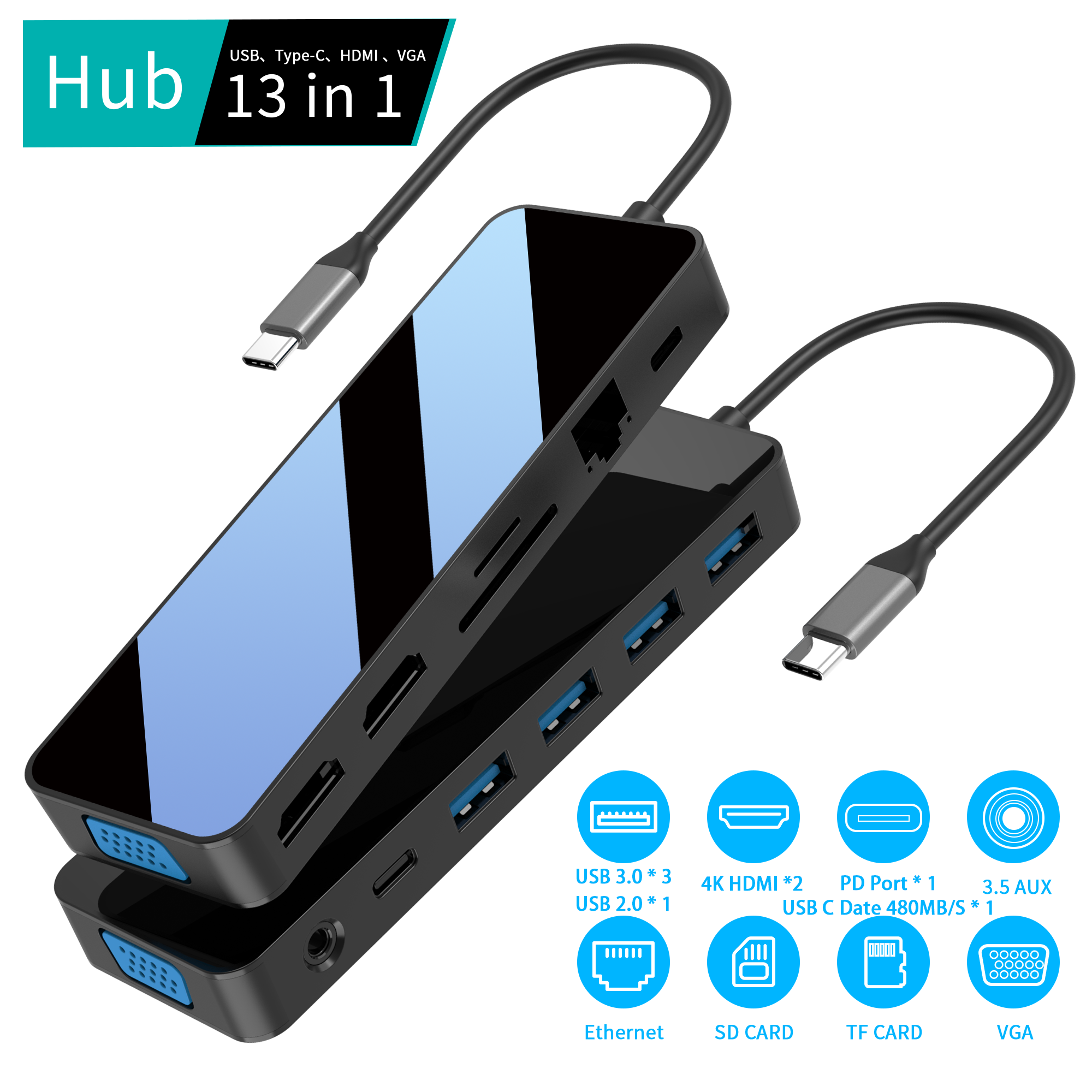 दर्पण चेहरा 13 IN 1 usb c हब्स् 2 x HDMI 4K 30HZ + VGA + PD 100W + प्रकार C Data + 3 x USB A 3.0 + RJ45 1000Mbps + 3.5mm ऑडियो + SD + TF कार्ड रीडर बहु ​​पोर्ट डॉकिंग स्टेशन सह