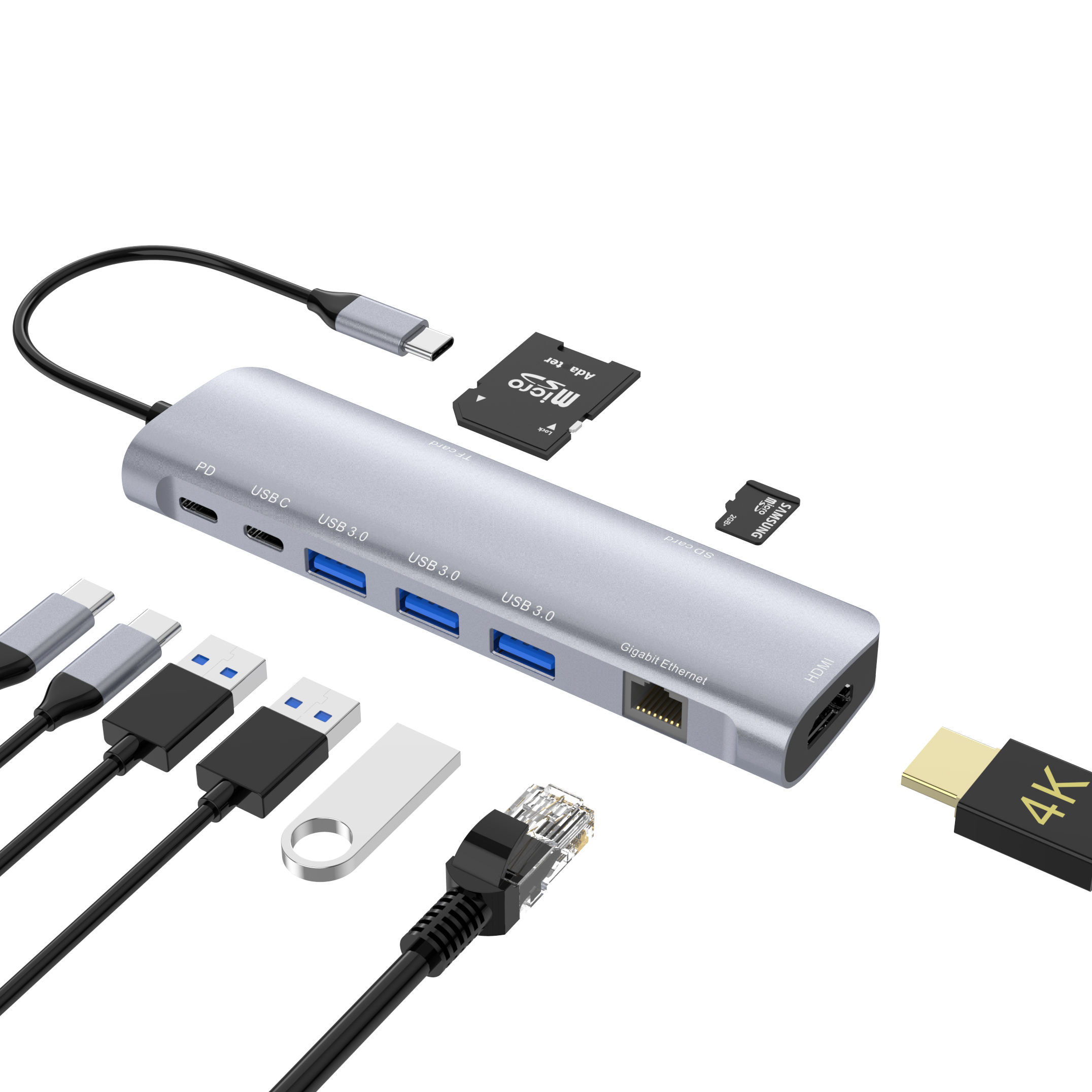 9 合 1 USB C 集線器，帶 HDMI 4K30HZ + PD 100W + Type C 數據 + 3 x USB A 3.0 + RJ45 1000Mbps + SD +TF 讀卡器插槽電源充電多端口適配器擴展塢，適用於筆記本電腦