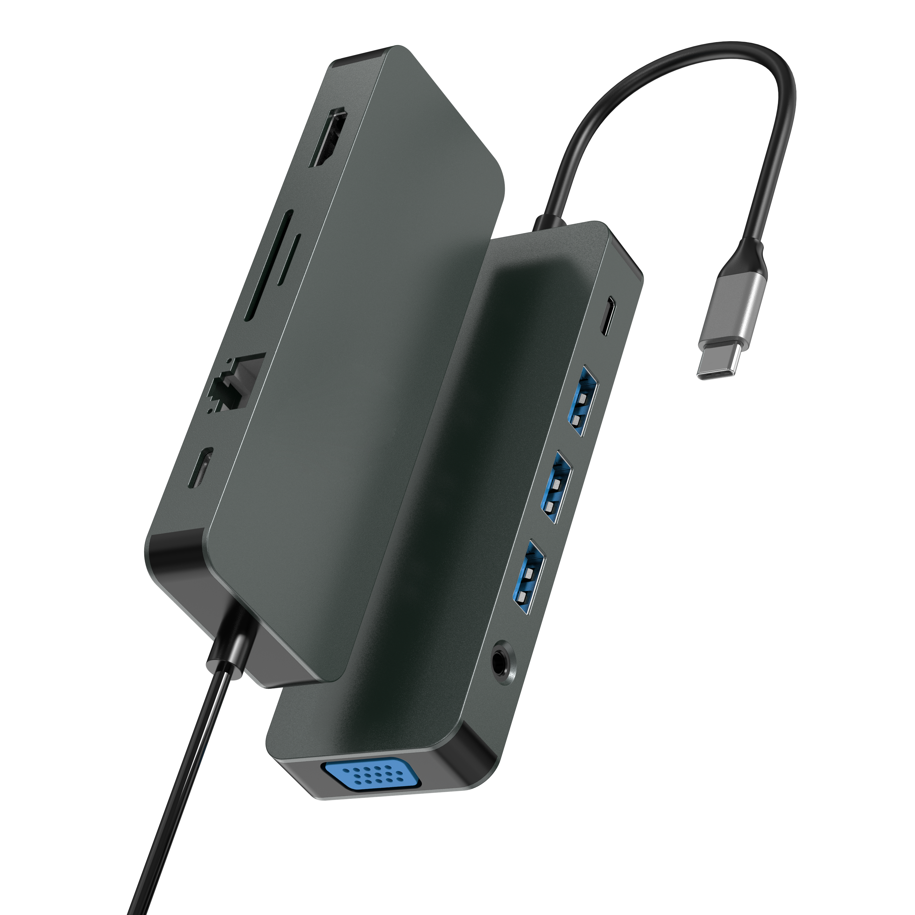 11 合 1 USB C 集線器，帶 HDMI 4K + VGA + PD 100W + Type C 數據 + 3 x USB A 3.0 + RJ45 1000Mbps + 3.5mm AUX + SD + TF 讀卡器多端口擴展塢，適用於筆記本電腦/手機
