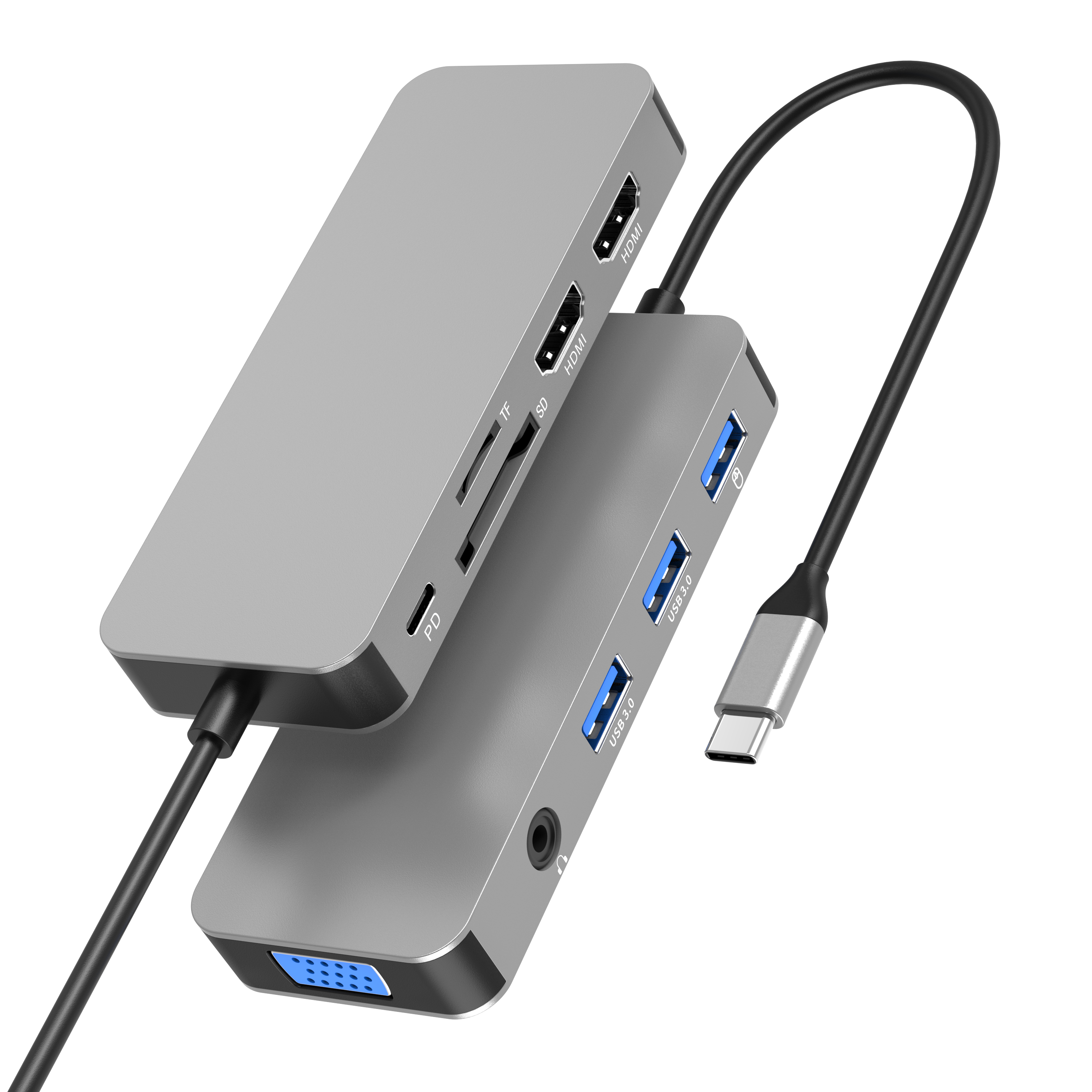 10 合 1 USB C 集線器，帶 2 x HDMI 4K 30HZ+ VGA + PD 100W + USB A 3.1 10Gbps + 2 x USB A 2.0 + 3.5mm AUX + SD + TF 讀卡器多端口擴展塢，適用於筆記本電腦/手機