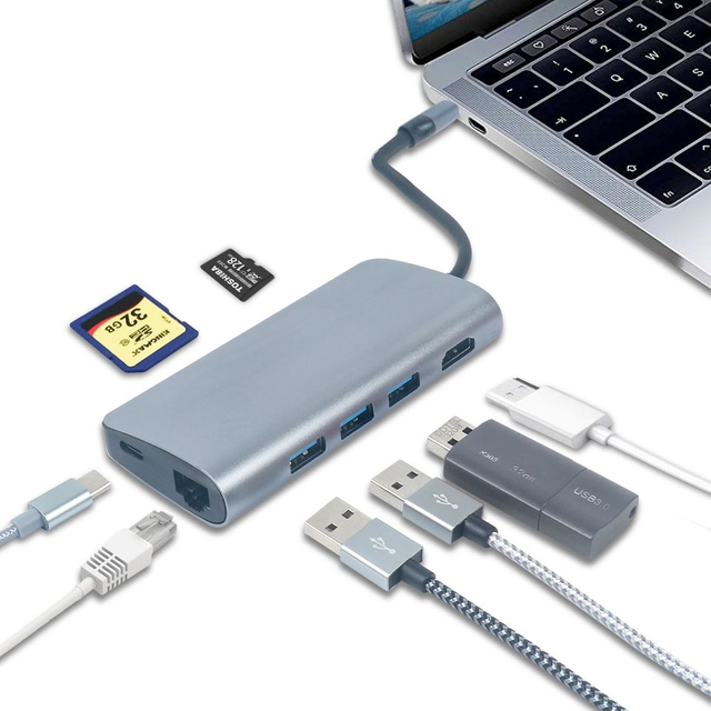 8 合 1 USB C 集線器，帶 HDMI 4K30HZ + PD 100W Datd + RJ45 + 3 x USB A 3.0 + SD + TF 讀卡器插槽電源充電多端口適配器擴展塢，適用於筆記本電腦 MacBook