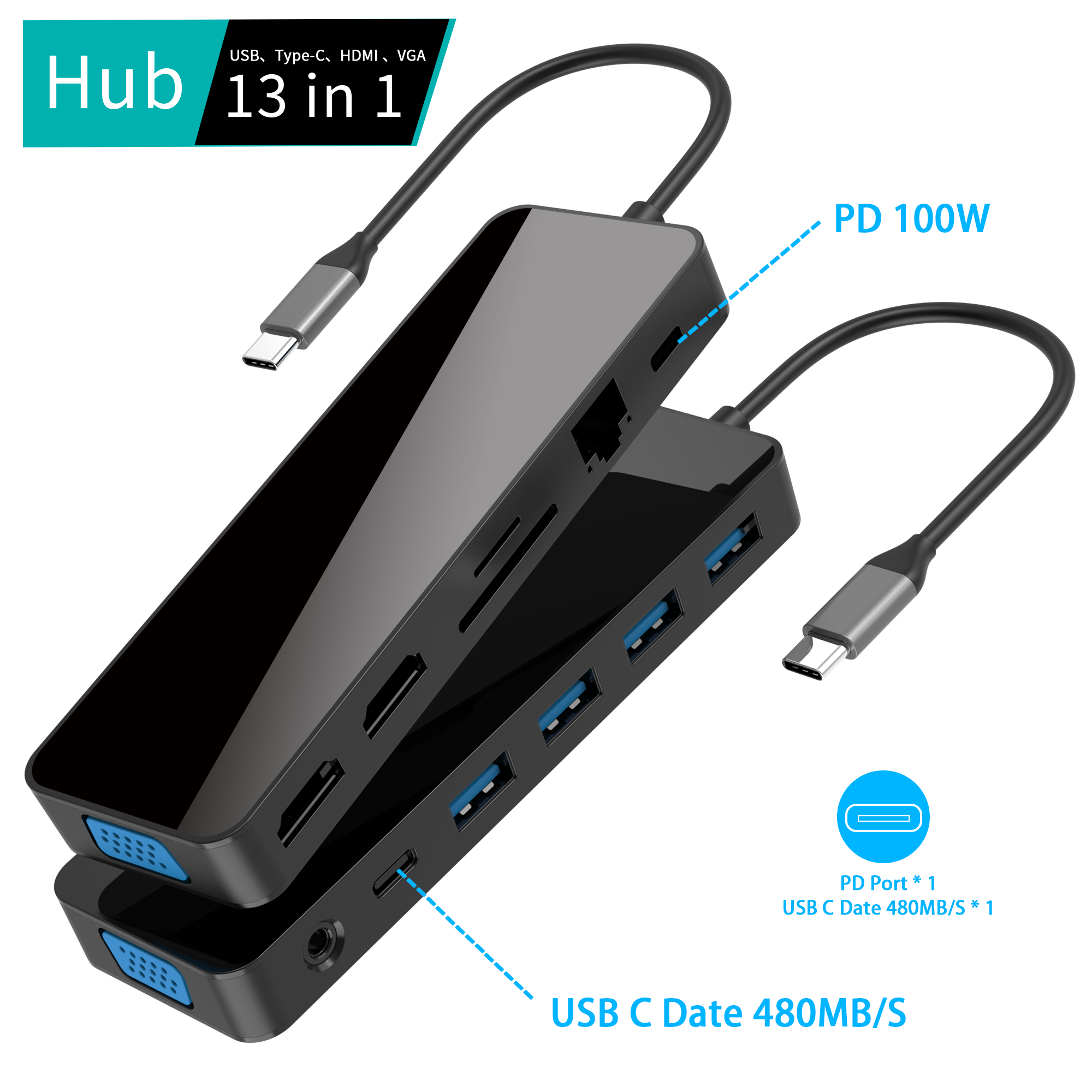 दर्पण चेहरा 13 IN 1 usb c हब्स् 2 x HDMI 4K 30HZ + VGA + PD 100W + प्रकार C Data + 3 x USB A 3.0 + RJ45 1000Mbps + 3.5mm ऑडियो + SD + TF कार्ड रीडर बहु ​​पोर्ट डॉकिंग स्टेशन सह