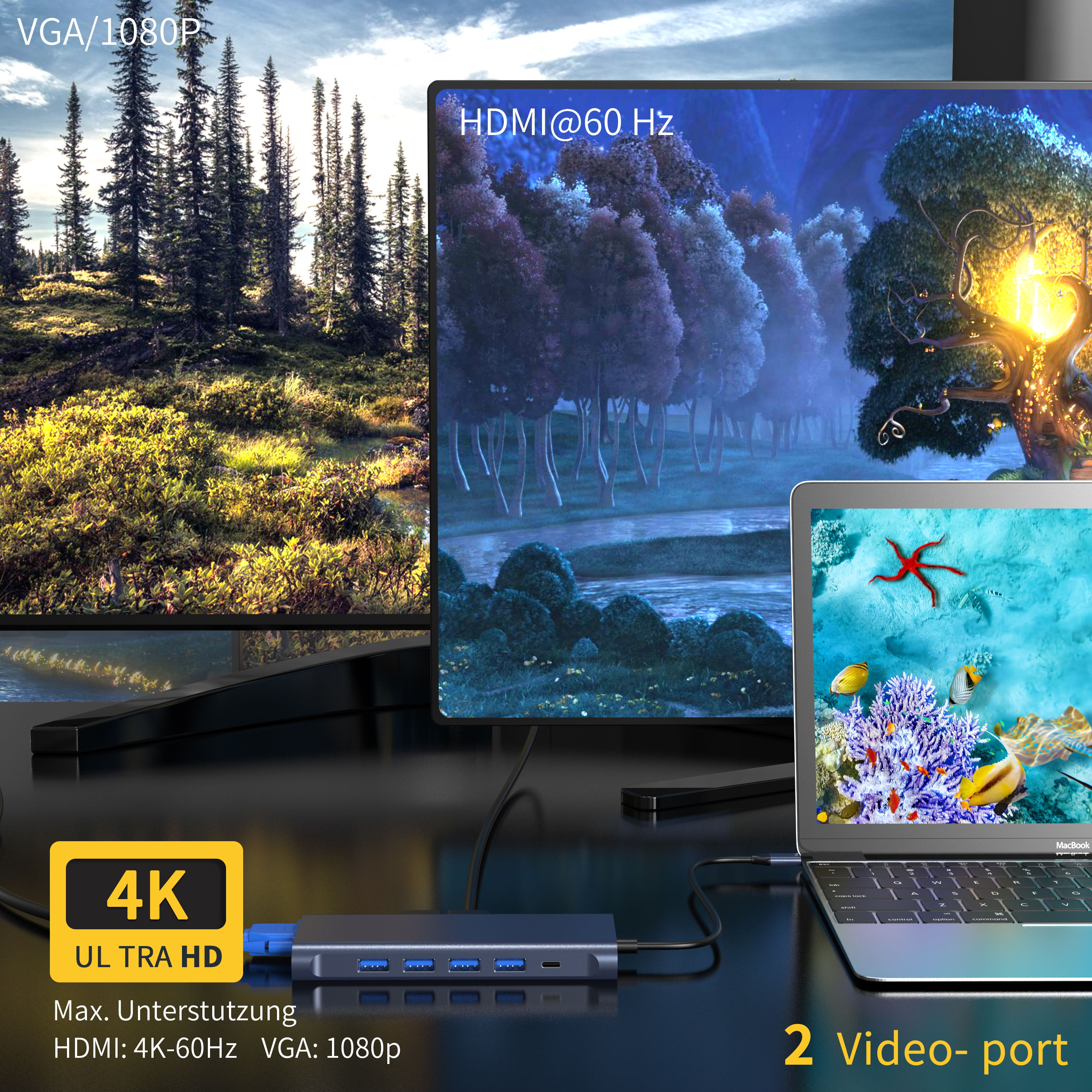 HDMI 4K 60HZ + DP + PD 100W + टाइप C डेटा + 3 x USB A 3.0 + USB A 2.0+ RJ45 1000Mbps + 3.5 मिमी ऑडियो + SD + TF कार्ड रीडर मल्टी पोर्ट डॉकिंग स्टेशन के साथ 12 IN 1 USB C हब