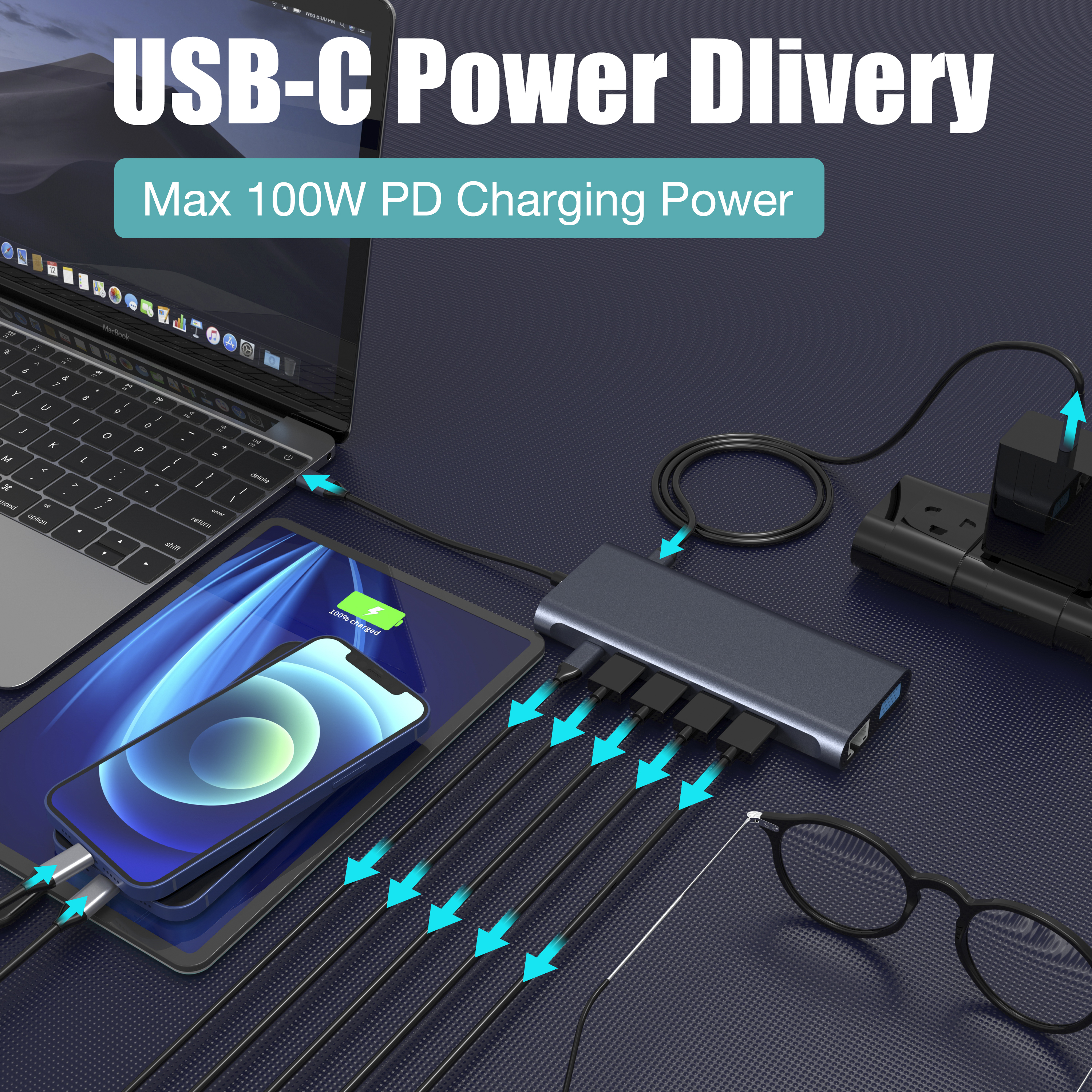 13 In 1 USB C Hubs met 2 x HDMI 4K + DP + PD 100W + Type C Gegevens + 3 x USB A 3.0 + USB A 2.0+ RJ45 1000 Mbps + 3,5 mm Audio + SD + TF -kaartlezer Multi -poort Docking Station