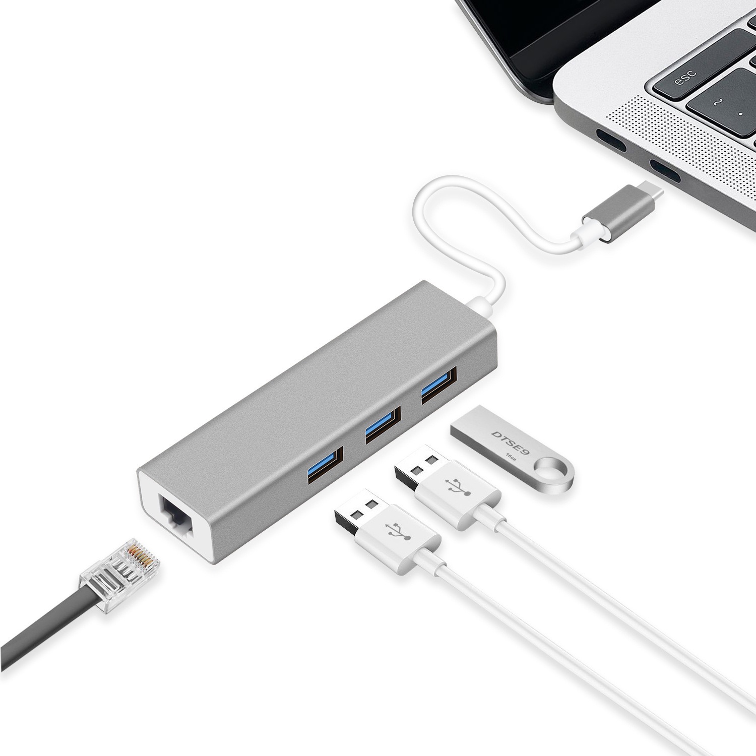 4 ΣΕ 1 USB HUB USB-A βύσμα σε 3xUSB-A 3.0+Gigabit RJ45 1000Mbps θύρα βάσης σύνδεσης με ethernet για φορητό υπολογιστή