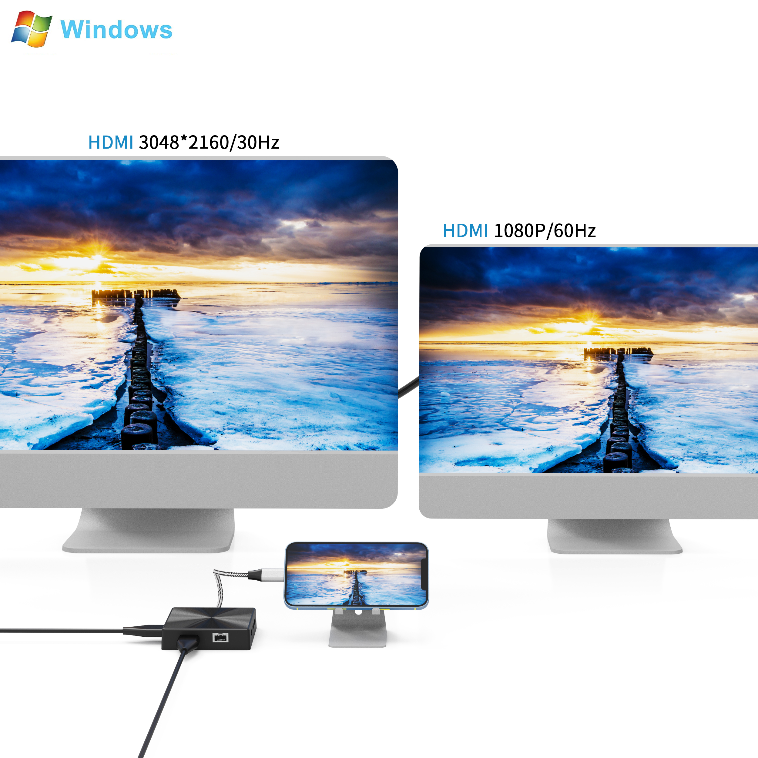 9 合 1 USB C HUB，帶 2 x HDMI 4K + Type C PD 100W Data+ 3 x USB A 3.0 + RJ45 1000Mbps + SD + TF 存儲卡讀卡器插槽多端口適配器擴展塢