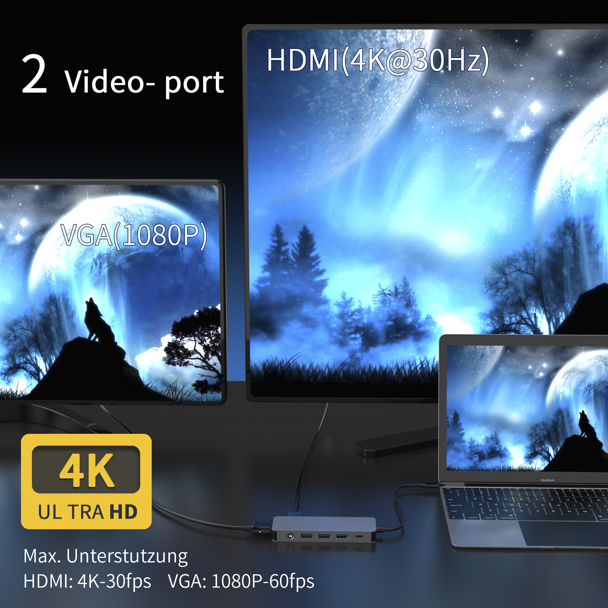 11 合 1 USB C 集線器，帶 HDMI 4K + VGA + PD 100W + Type C 數據 + 3 x USB A 3.0 + RJ45 1000Mbps + 3.5mm AUX + SD + TF 讀卡器多端口擴展塢，適用於筆記本電腦/手機