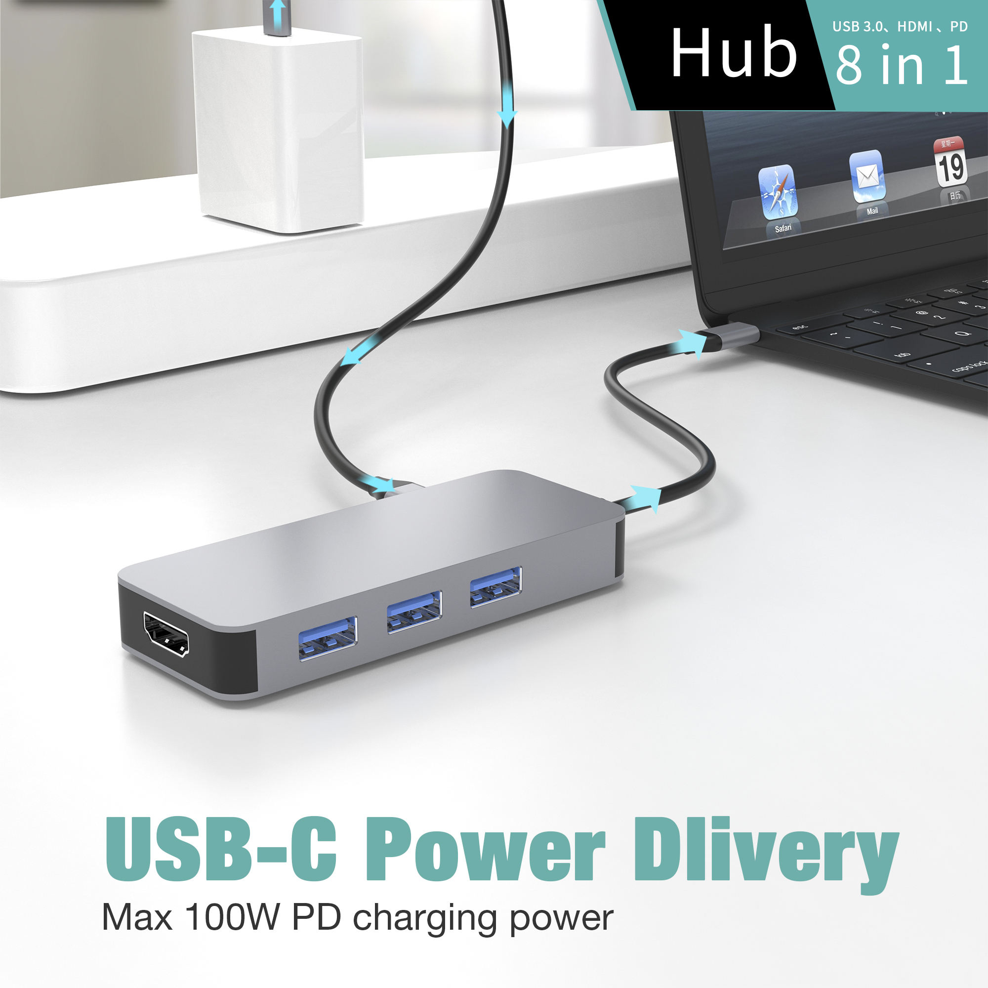 8 合 1 USB C 集線器 TYPE-C 轉 HDMI 4K@60HZ+PD100W+千兆 RJ45 1000Mbps+3 * USB-A 3.1 10Gbps+SD+TF 多功能擴展塢，適用於筆記本電腦/手機