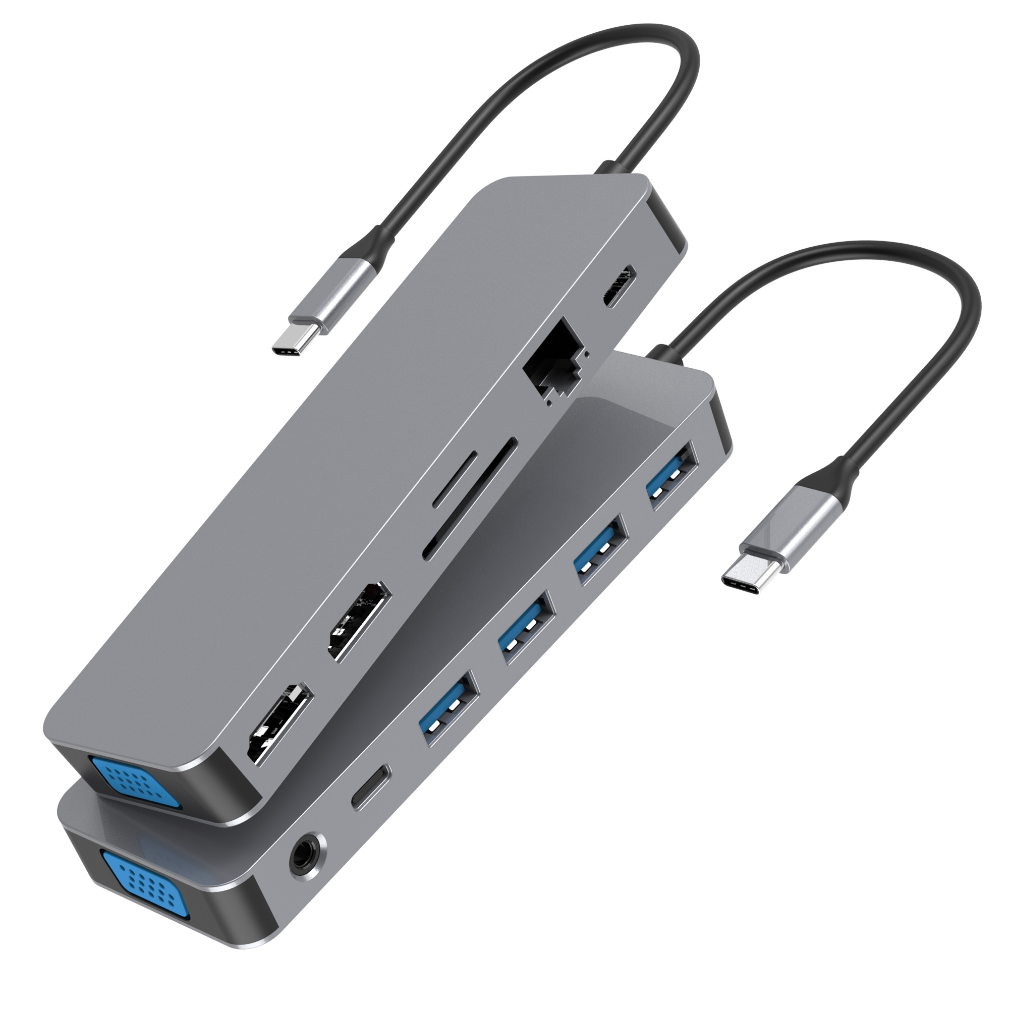 13 合 1 USB C 集線器，帶 2 x HDMI 4K 30HZ + VGA + PD 100W + Type C 數據 + 3 x USB A 3.0 + RJ45 1000Mbps + 3.5mm 音頻 + SD + TF 讀卡器多端口擴展塢