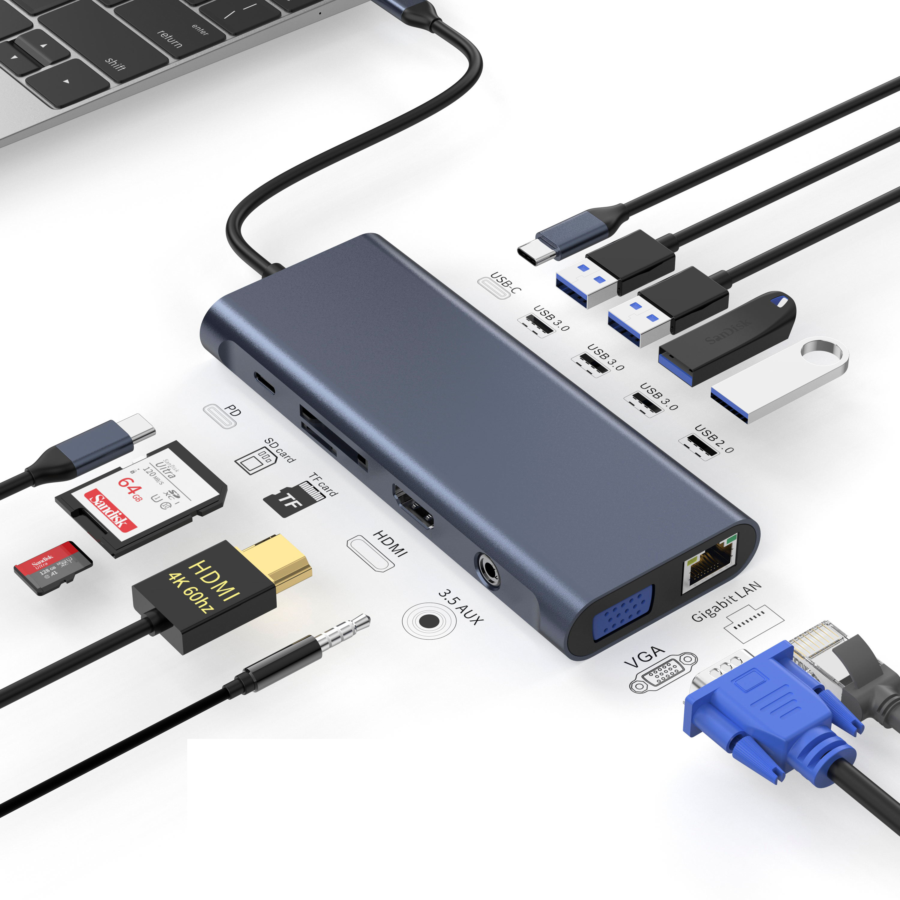 HDMI 4K 60HZ + DP + PD 100W + टाइप C डेटा + 3 x USB A 3.0 + USB A 2.0+ RJ45 1000Mbps + 3.5 मिमी ऑडियो + SD + TF कार्ड रीडर मल्टी पोर्ट डॉकिंग स्टेशन के साथ 12 IN 1 USB C हब