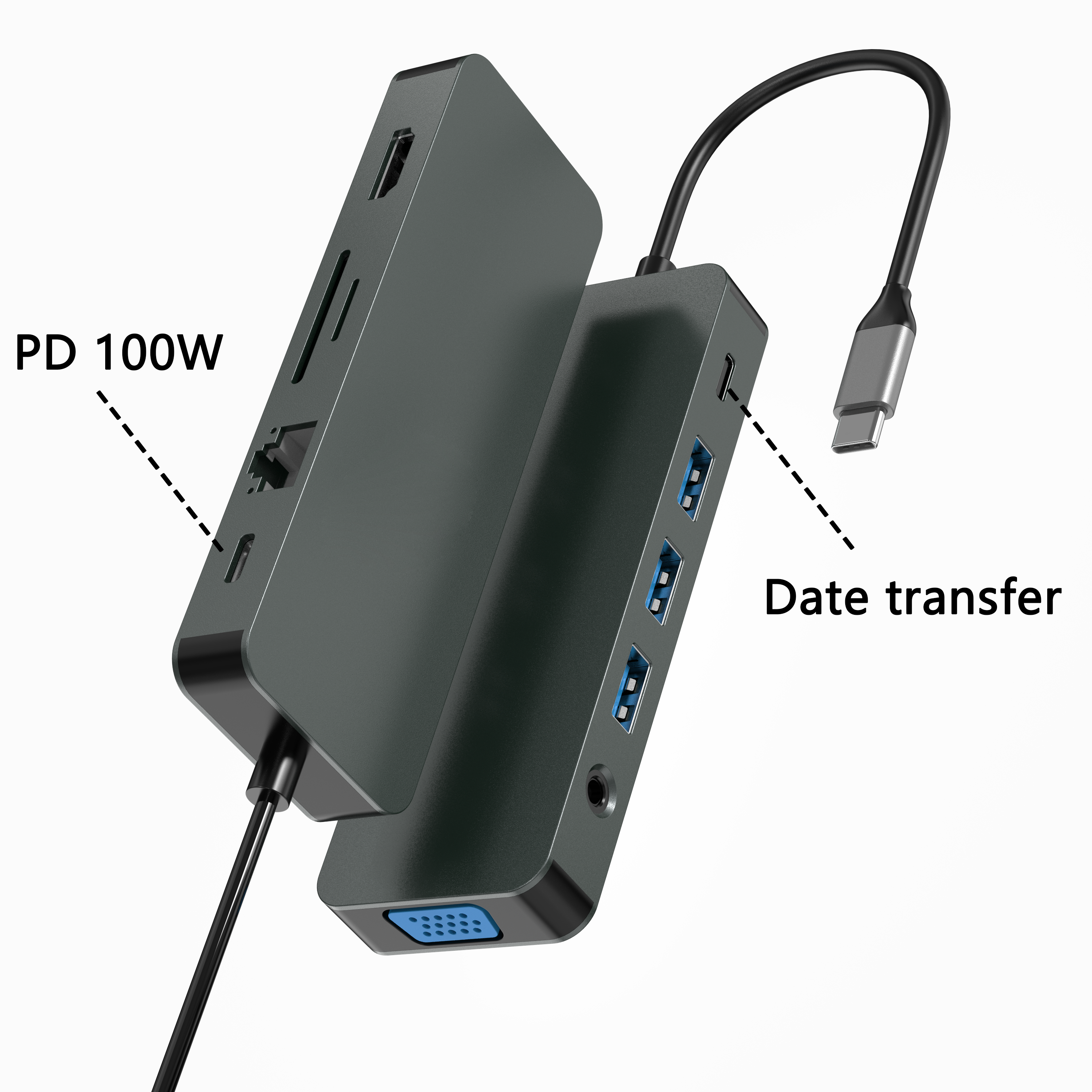 11 合 1 USB C 集線器，帶 HDMI 4K + VGA + PD 100W + Type C 數據 + 3 x USB A 3.0 + RJ45 1000Mbps + 3.5mm AUX + SD + TF 讀卡器多端口擴展塢，適用於筆記本電腦/手機