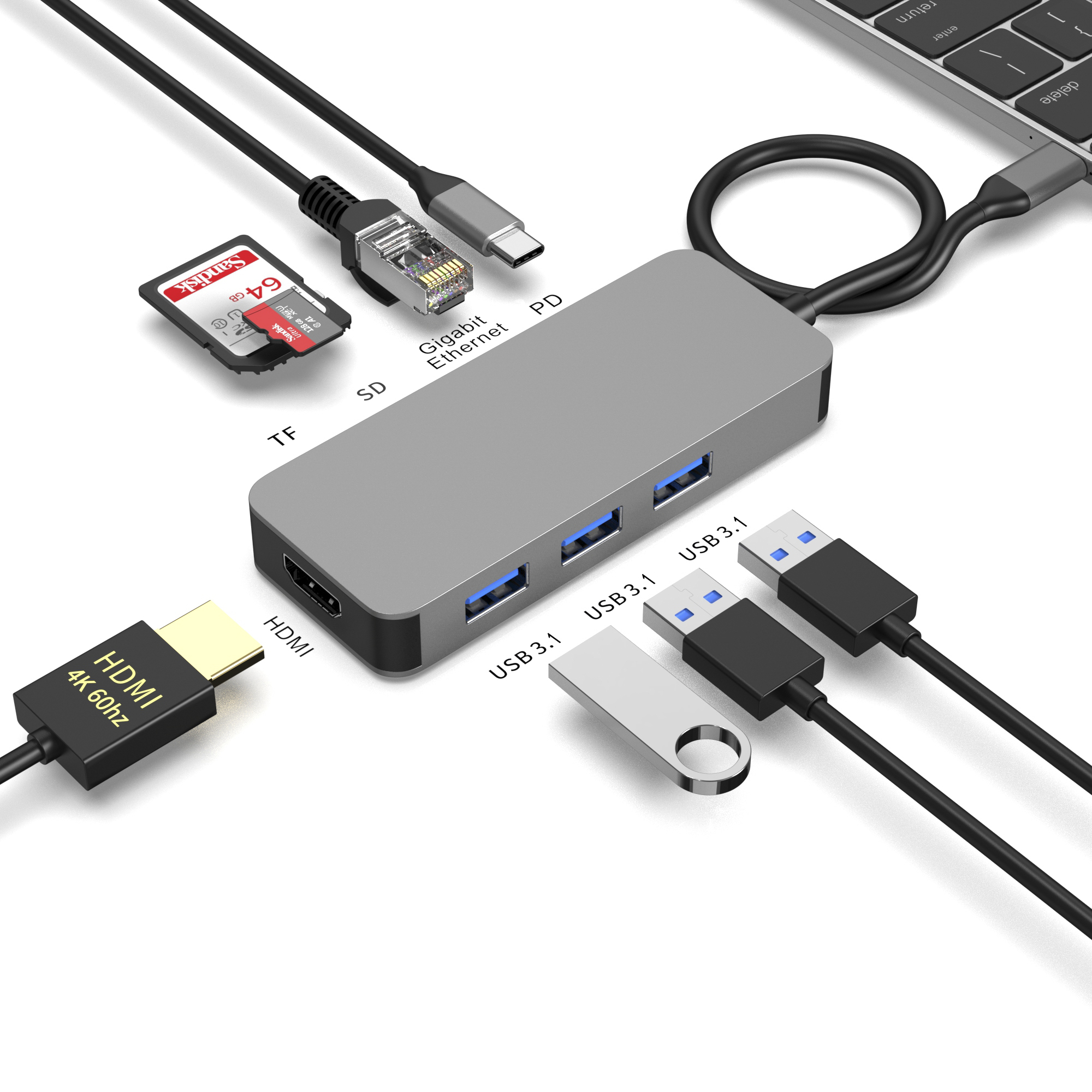 8 合 1 USB C 集線器 TYPE-C 轉 HDMI 4K@60HZ+PD100W+千兆 RJ45 1000Mbps+3 * USB-A 3.1 10Gbps+SD+TF 多功能擴展塢，適用於筆記本電腦/手機