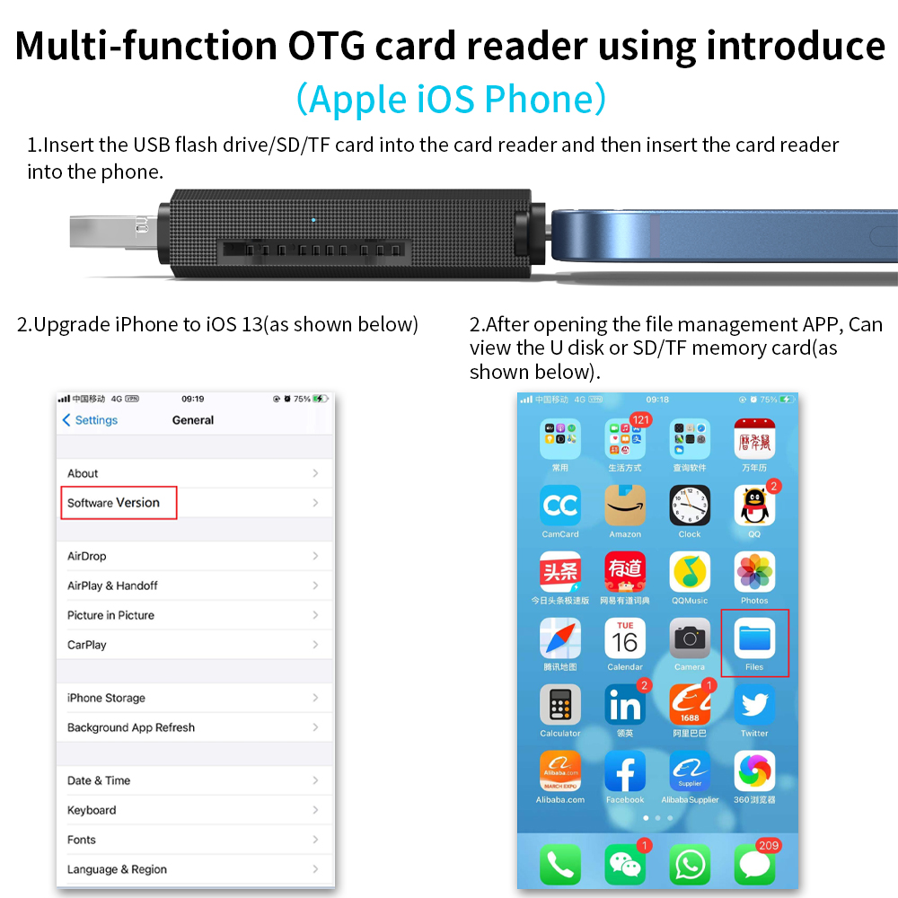3合1 type c+usb a+照明插頭讀卡器SD+TF 2.0 USB A 3.0 USB OTG