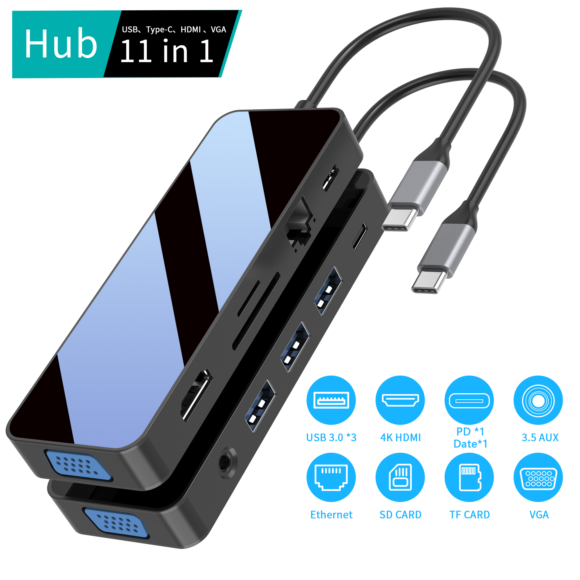 鏡面 11 合 1 USB C 集線器，帶 HDMI + VGA + PD + Type C Data + 3xUSB A 3.0 + RJ45 1000Mbps + 3.5mm AUX + SD + TF 讀卡器多端口擴展塢，適用於筆記本電腦/電腦