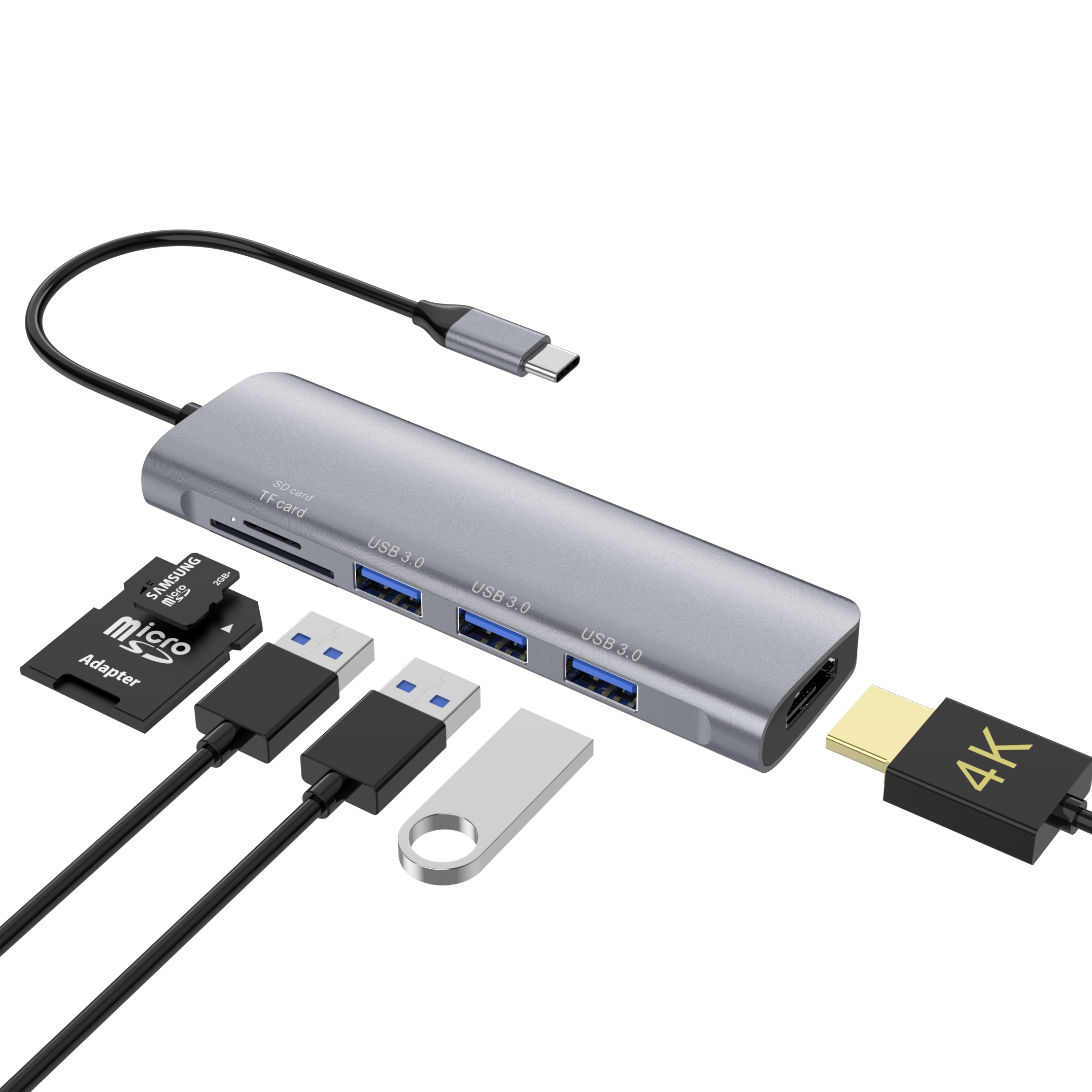 6 合 1 USB C 集線器，帶 HDMI 4K30HZ + 3 x USB A 3.0 + SD + TF 存儲卡讀卡器插槽多端口適配器擴展塢，適用於筆記本電腦 MacBook