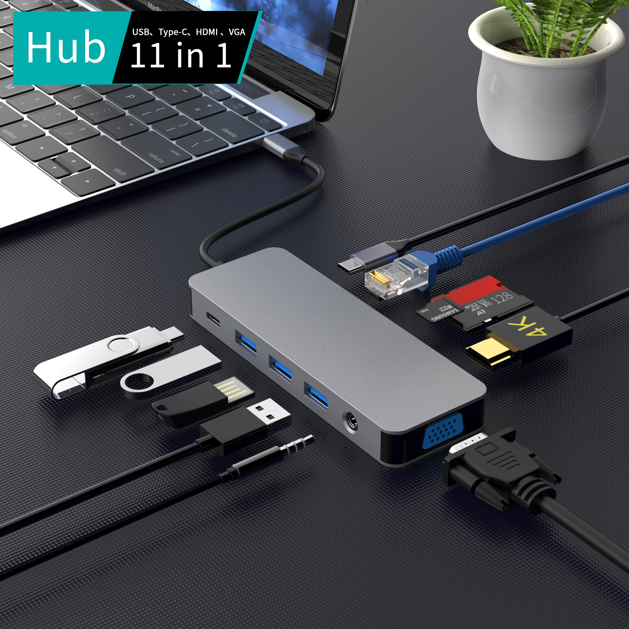 11 合 1 USB C 集線器，帶 HDMI 4K + VGA + PD 100W + Type C 數據 + 3 x USB A 3.0 + RJ45 1000Mbps + 3.5mm AUX + SD + TF 讀卡器多端口擴展塢，適用於筆記本電腦/手機