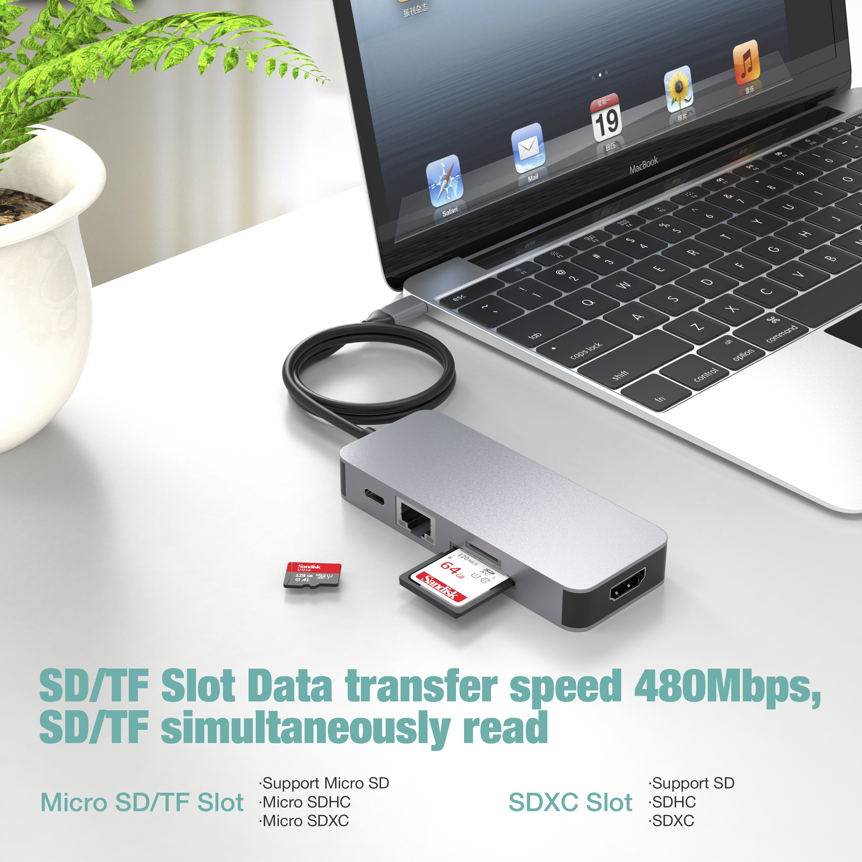 8 合 1 USB C 集線器 TYPE-C 轉 HDMI 4K@60HZ+PD100W+千兆 RJ45 1000Mbps+3 * USB-A 3.1 10Gbps+SD+TF 多功能擴展塢，適用於筆記本電腦/手機