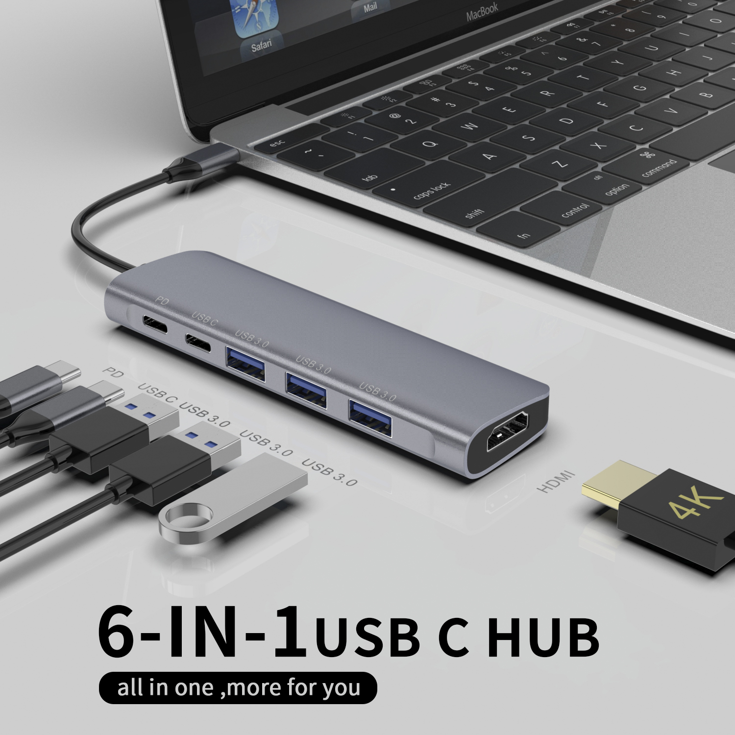 6 В 1 USB-КОНЦЕНТРАТОР C з HDMI 4K30HZ + PD 100 Вт + Type C Data + 3 x USB A 3.0 живлення багатопортовий адаптер док-станція для ноутбука macbook