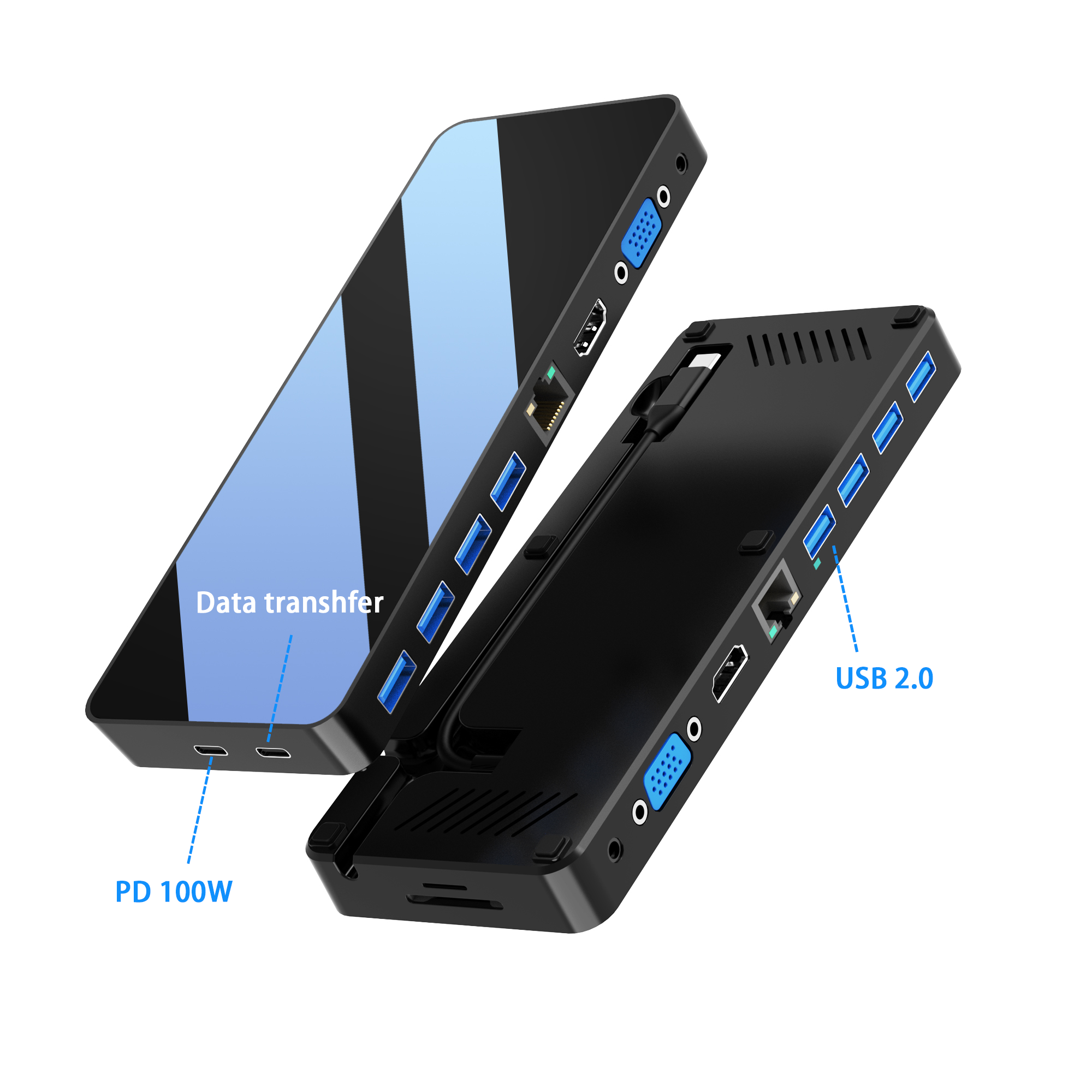 鏡面 12 端口 USB C 集線器，帶 2HDMI 4K + VGA + PD 100W + Type C 數據 + 3xUSB A 3.0 + USB A 2.0 + RJ45 1000Mbps + 3.5mm 音頻 + SD+TF 卡插槽 12 合 1 多端口擴展塢