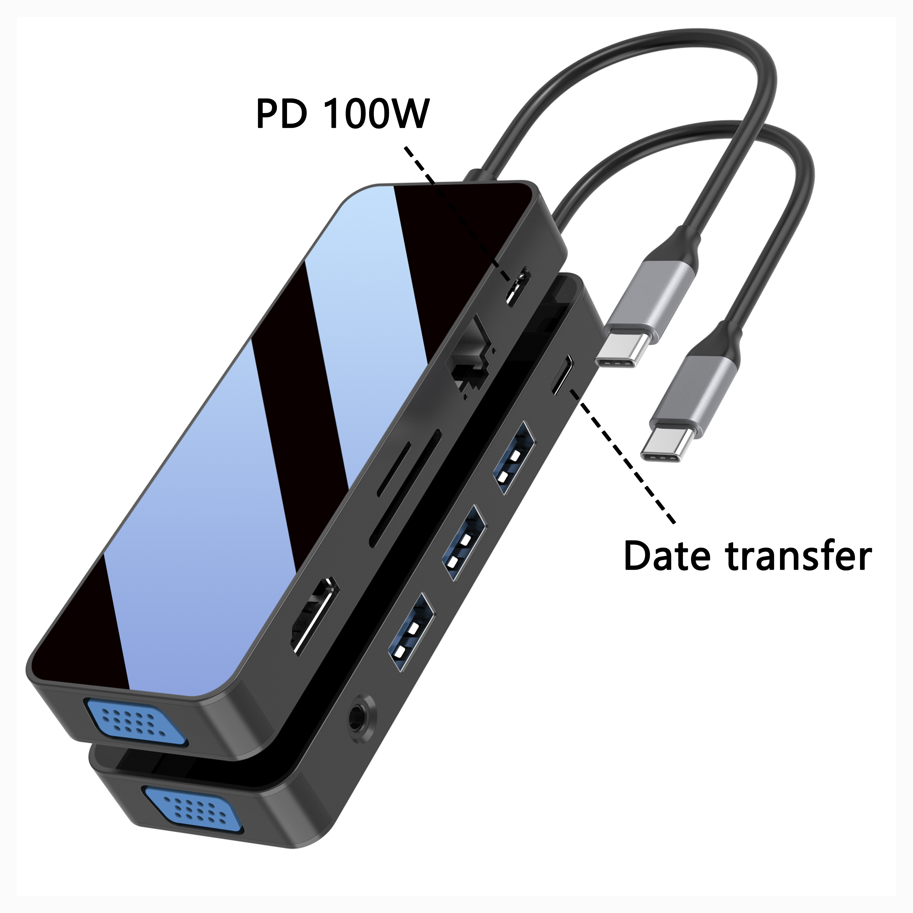 鏡面 11 合 1 USB C 集線器，帶 HDMI + VGA + PD + Type C Data + 3xUSB A 3.0 + RJ45 1000Mbps + 3.5mm AUX + SD + TF 讀卡器多端口擴展塢，適用於筆記本電腦/電腦