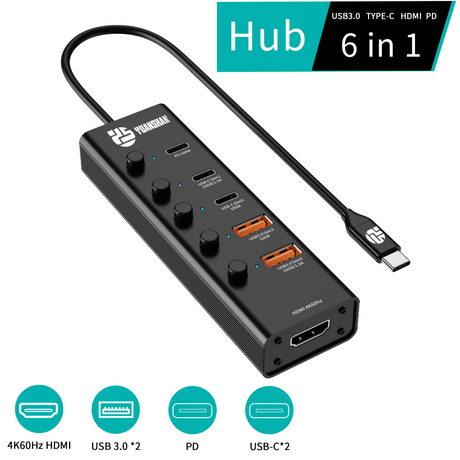 محول محور USB-C 6 في 1 — USB 3.1 Gen 2 بسرعة 10 جيجابت في الثانية، 4K@60 هرتز HDMI، شحن سريع 100 وات PD، قاعدة توصيل للكمبيوتر المحمول