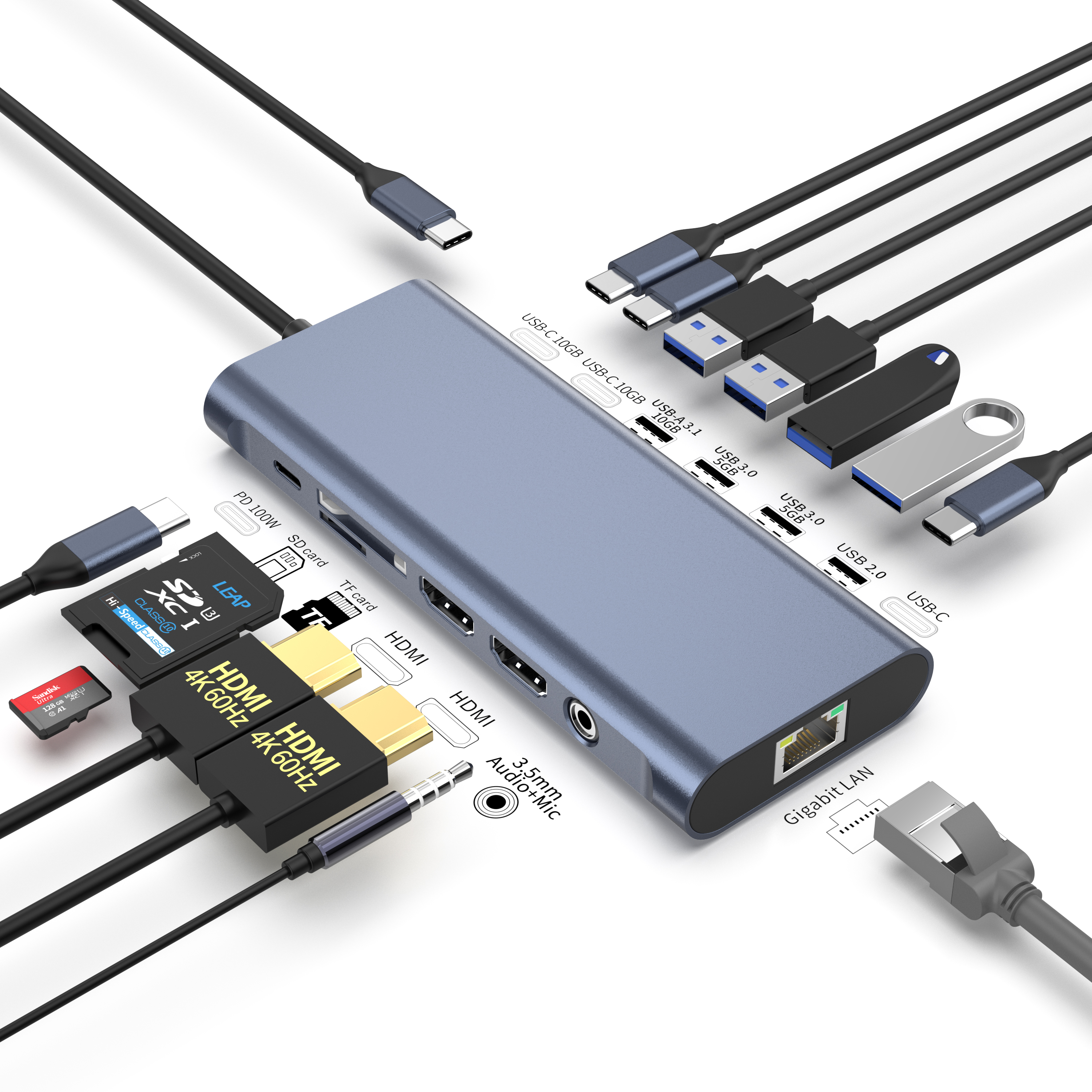 14 У 1 Док-станцыя 4K60HZ Двайны HDMI RJ45 USB-A 3.1 3.0 2.0 шматфункцыянальная Зарадка+Перадача даных+Відэаўыход+Счытвальная картка+Сетка+Функцыя выкліку Док-станцыя USB C HUB для ноўтбука/Macbook