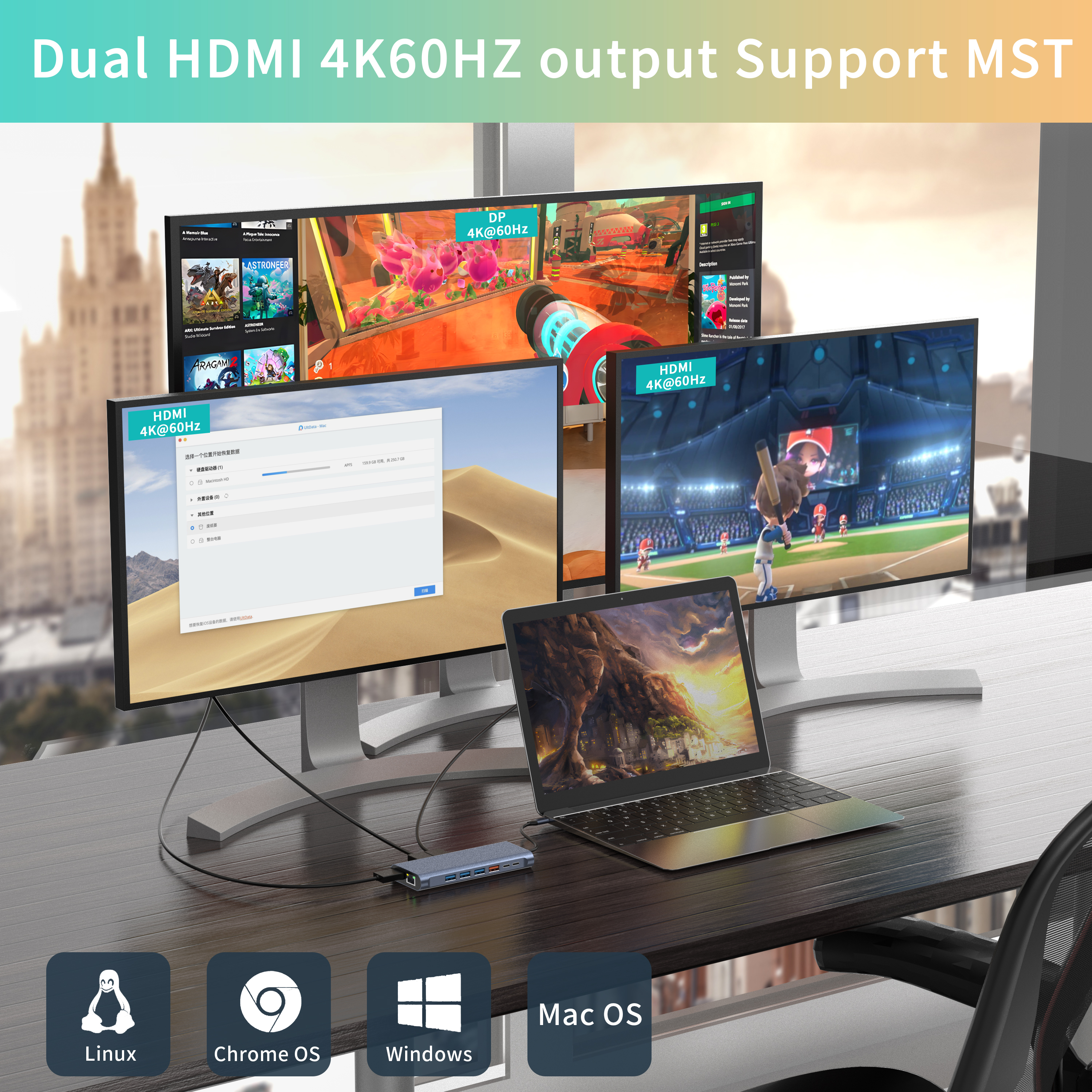 Stație de andocare 14 &Icirc;N 1 4K60HZ Dual HDMI DP RJ45 USB-A 3.1 3.0 2.0 USB-C 3.1 &Icirc;ncărcare+Transfer de date+Ieșire video+Card de citire+Rețea+Funcție de apel Stație de andocare HUB USB C pentru laptop/Macbook
