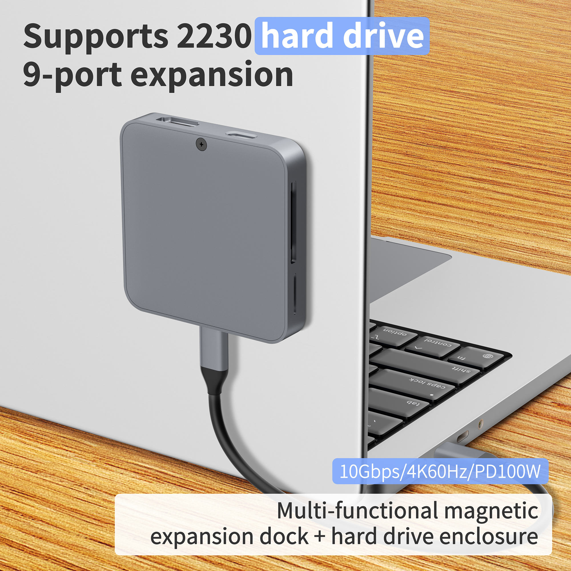Hub USB C 9 &icirc;n 1 cu slot SSD M.2 NVMe 10Gbps, HDTV 4K60Hz 100W PD USB-C/USB-A 3.2, cititor de carduri SD/TF Design magnetic pentru telefon