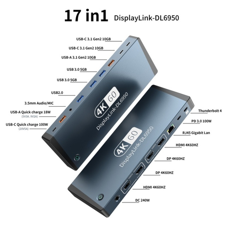 17-in-1 USB-C حب ڈاکنگ اسٹیشن، 240W DC پاور سپلائی، MST برائے IOS، DP/HDMI 2.0 4K@60Hz، Gigabit Ethernet، Thunderbolt 3، Type-C 3.1