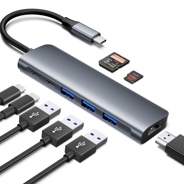 8 IN 1 USB C HUB med HDMI 4K30HZ + PD 100W + Typ C Data + 3 x USB A 3.0 +SD +TF kortl&auml;sarplats str&ouml;mladdning multiport adapter dockningsstation f&ouml;r laptop macbook