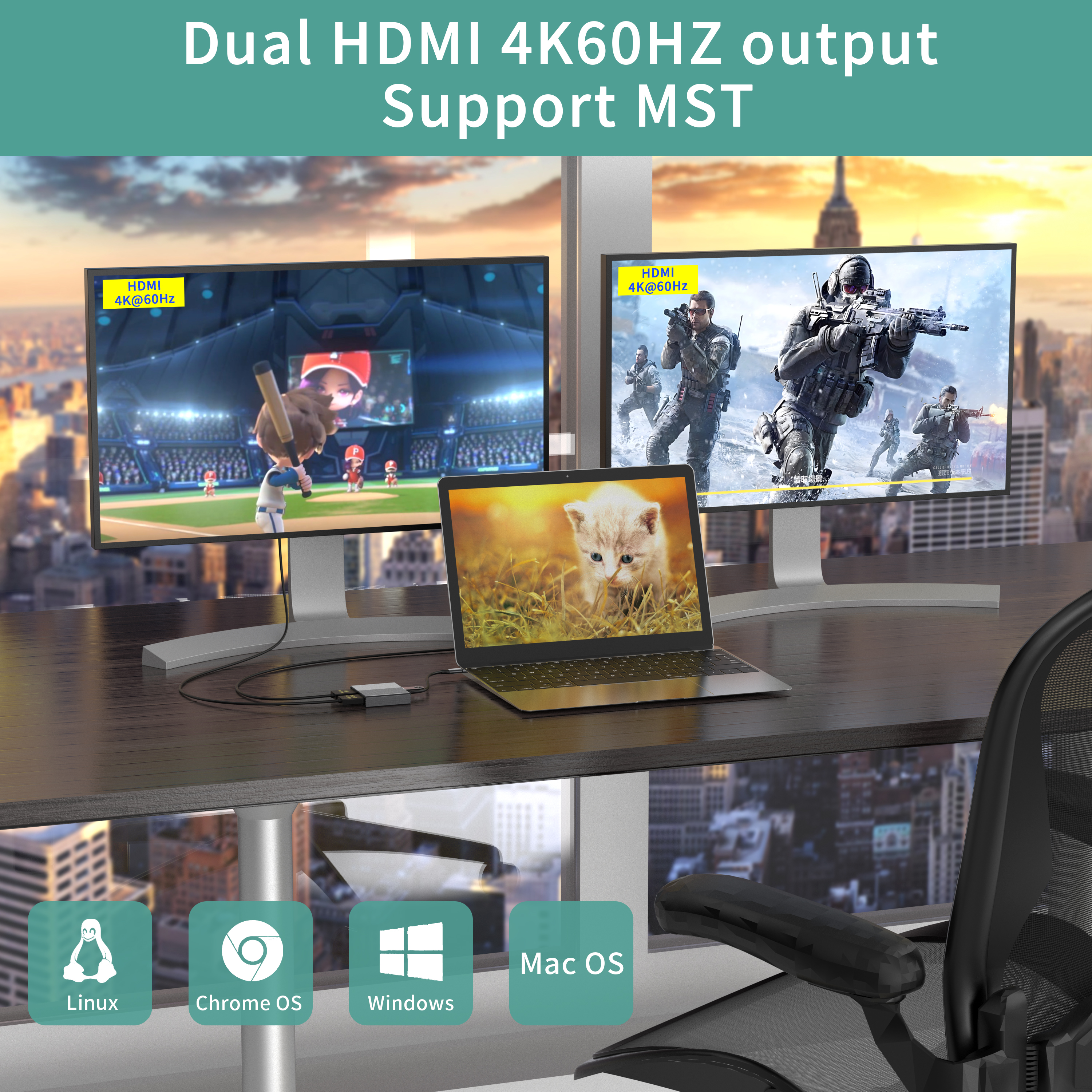4 в 1 тип C до 2 x HDMI 4K60HZ USB3.0 PD 100 Вт USB C HUB HDMI-адаптер-разветвитель для ноутбука/Macbook