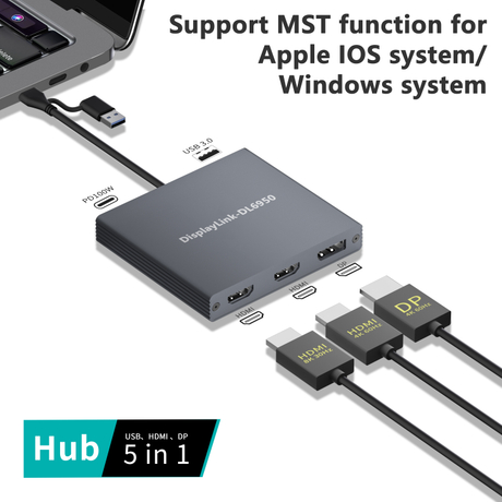 8K 雙 HDMI + DP MST USB-C 擴展塢 | DL6950芯片| 100W PD | USB-A 3.0 |適用於 iOS 和 Windows