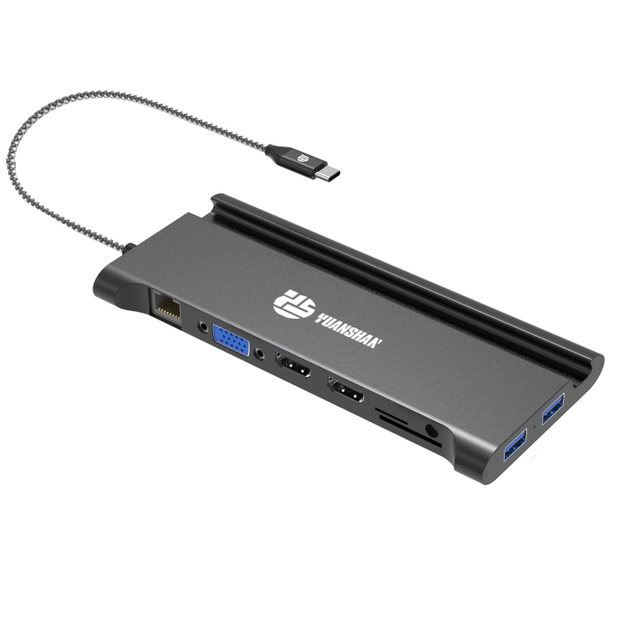 11 IN 1 usb c hub med 2 x HDMI 4K 30HZ+ VGA + Type C PD 100W Data + RJ45 + 3 x USB A 3.0 + 3.5mm Audio/Mic + SD + TF kortl&aelig;ser multiport dockingstation til b&aelig;rbar/telefon