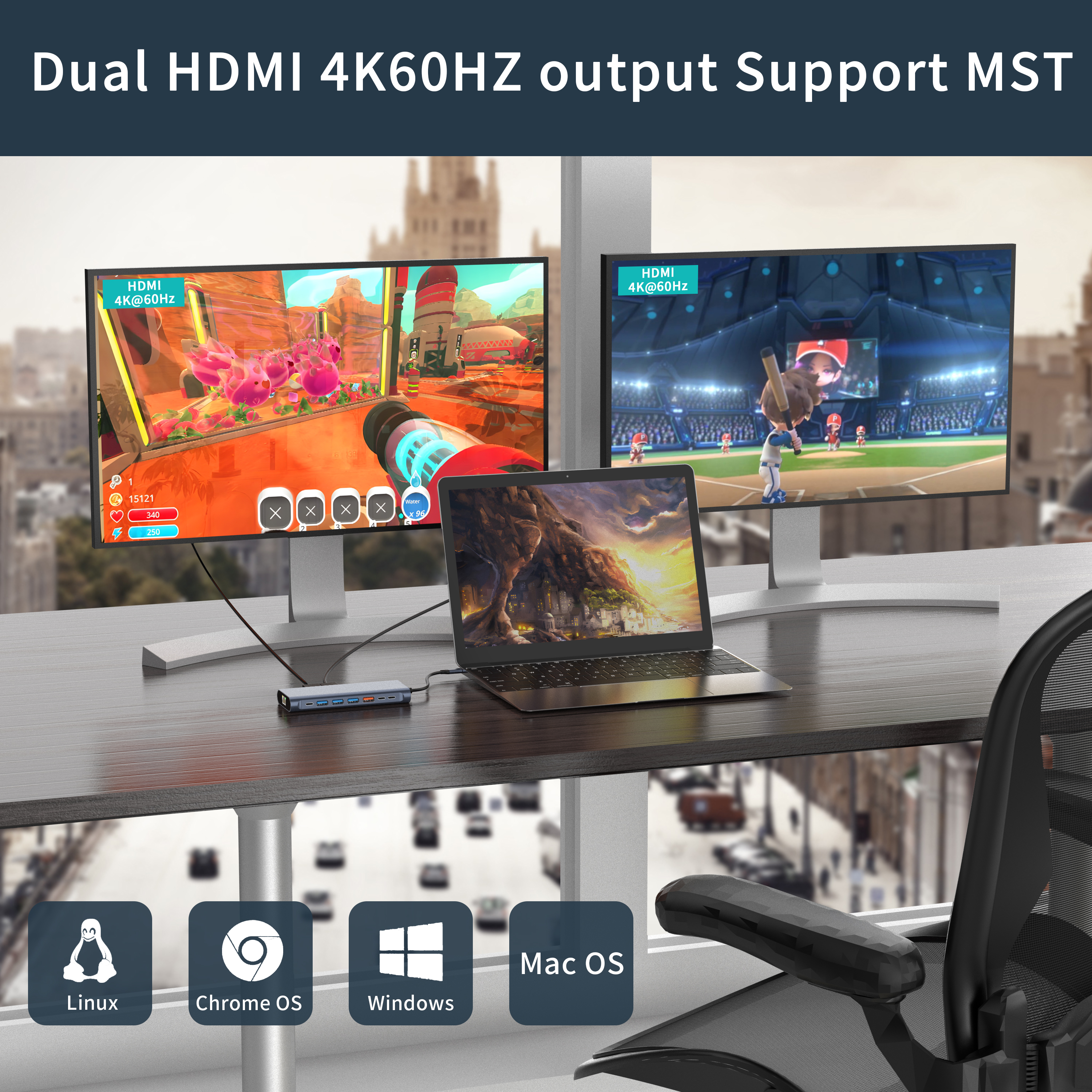 14 У 1 Док-станцыя 4K60HZ Двайны HDMI RJ45 USB-A 3.1 3.0 2.0 шматфункцыянальная Зарадка+Перадача даных+Відэаўыход+Счытвальная картка+Сетка+Функцыя выкліку Док-станцыя USB C HUB для ноўтбука/Macbook